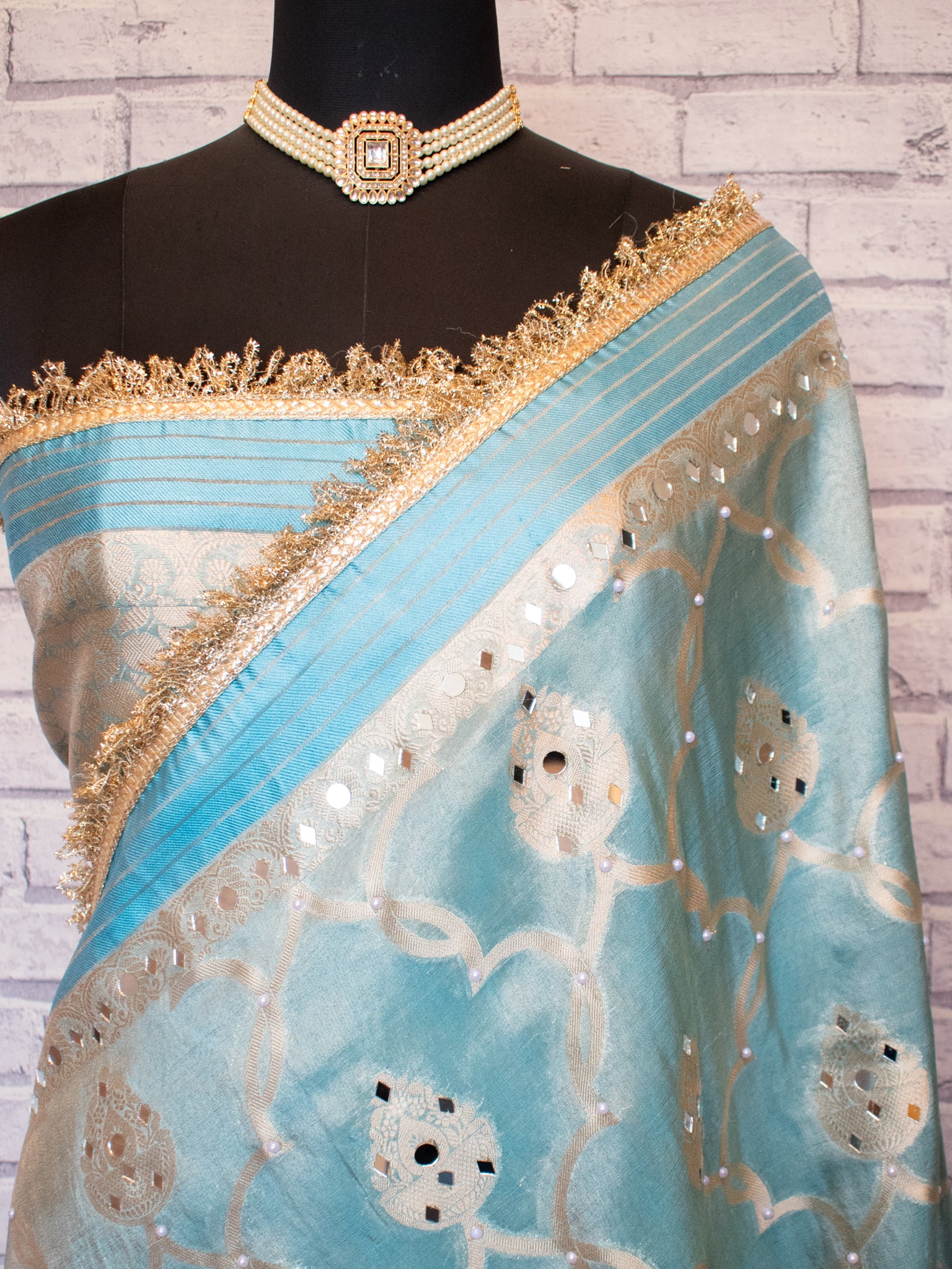 Banarasi Soft Tissue Saree With Mirror Work & Lace Border- Aqua Blue