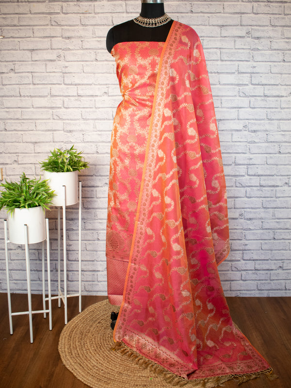Banarasi Cotton Silk Salwar Kameez Fabric Resham Weaving & Jaal Dupatta-Pink