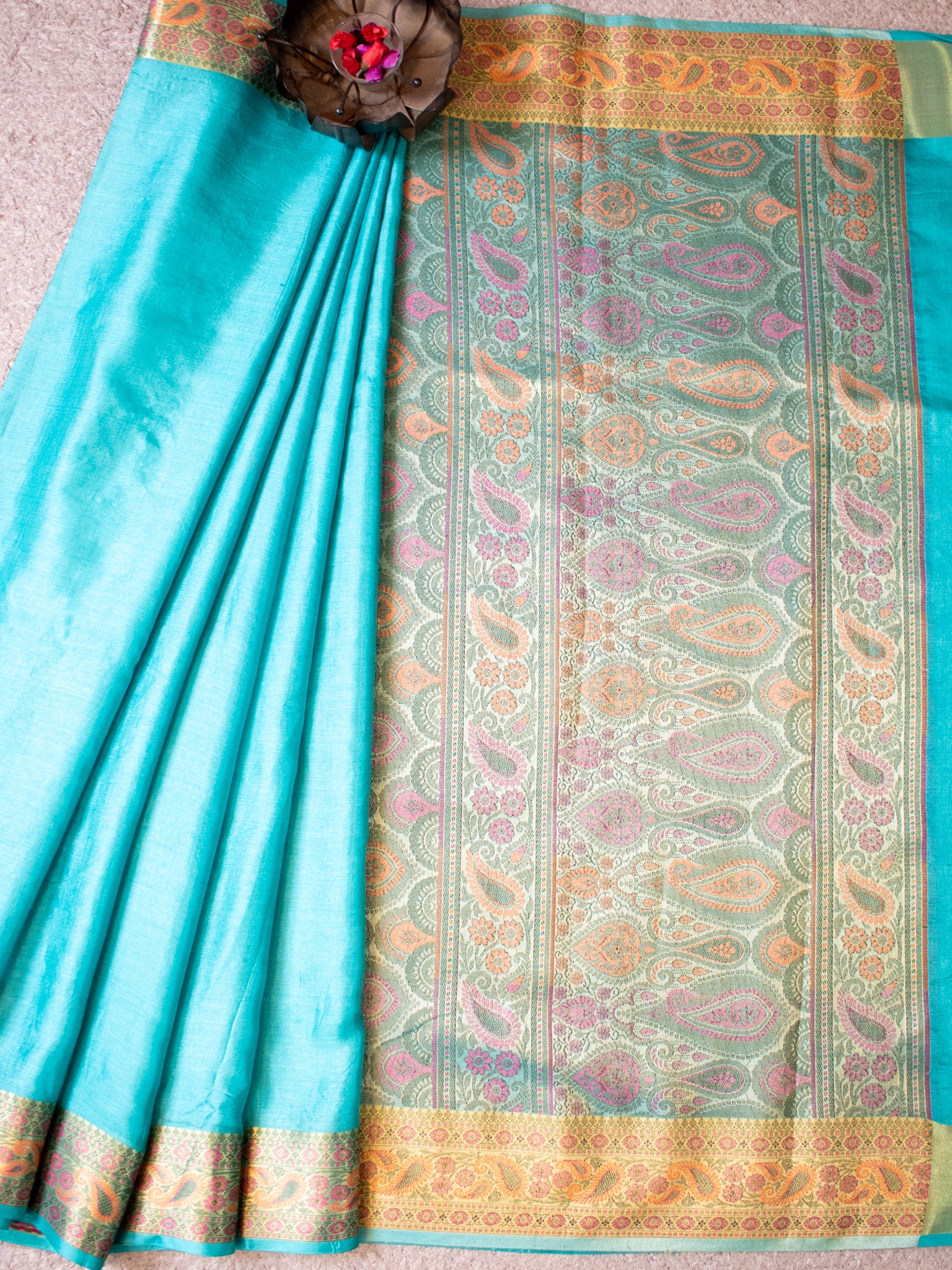 Banarasi Pure Tussar Saree With Resham Weaving Border- Turquois