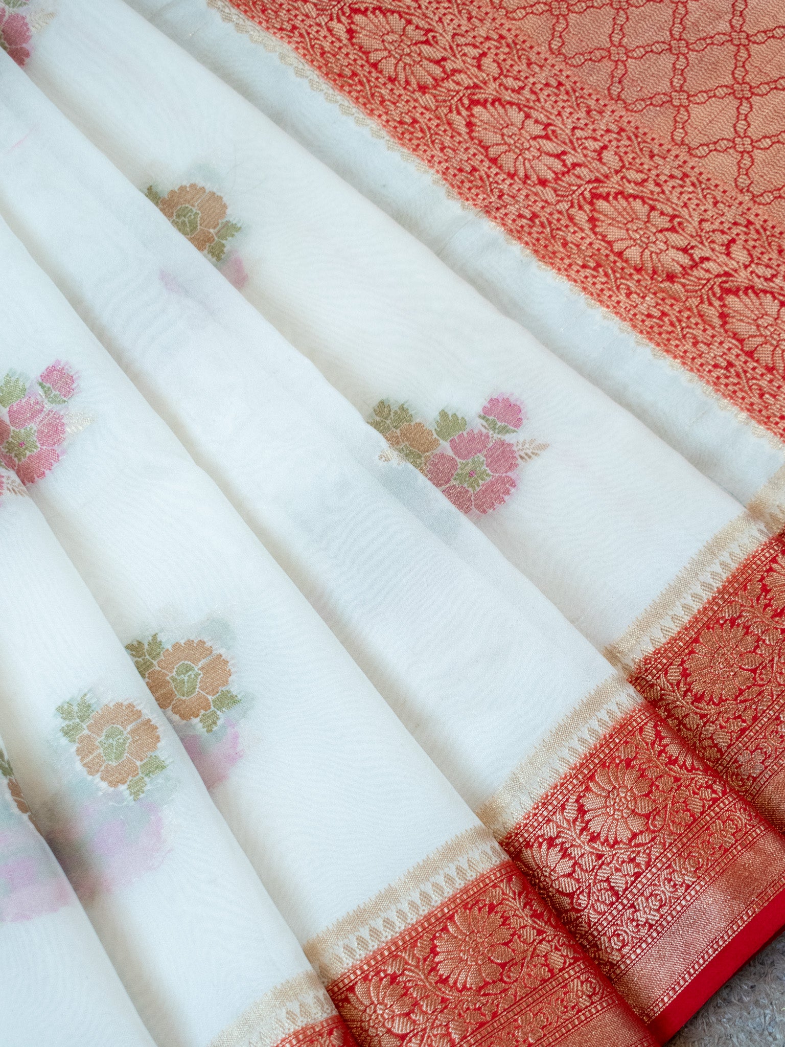 Banarasi Cotton Silk Saree With Contrast Border- White & Red