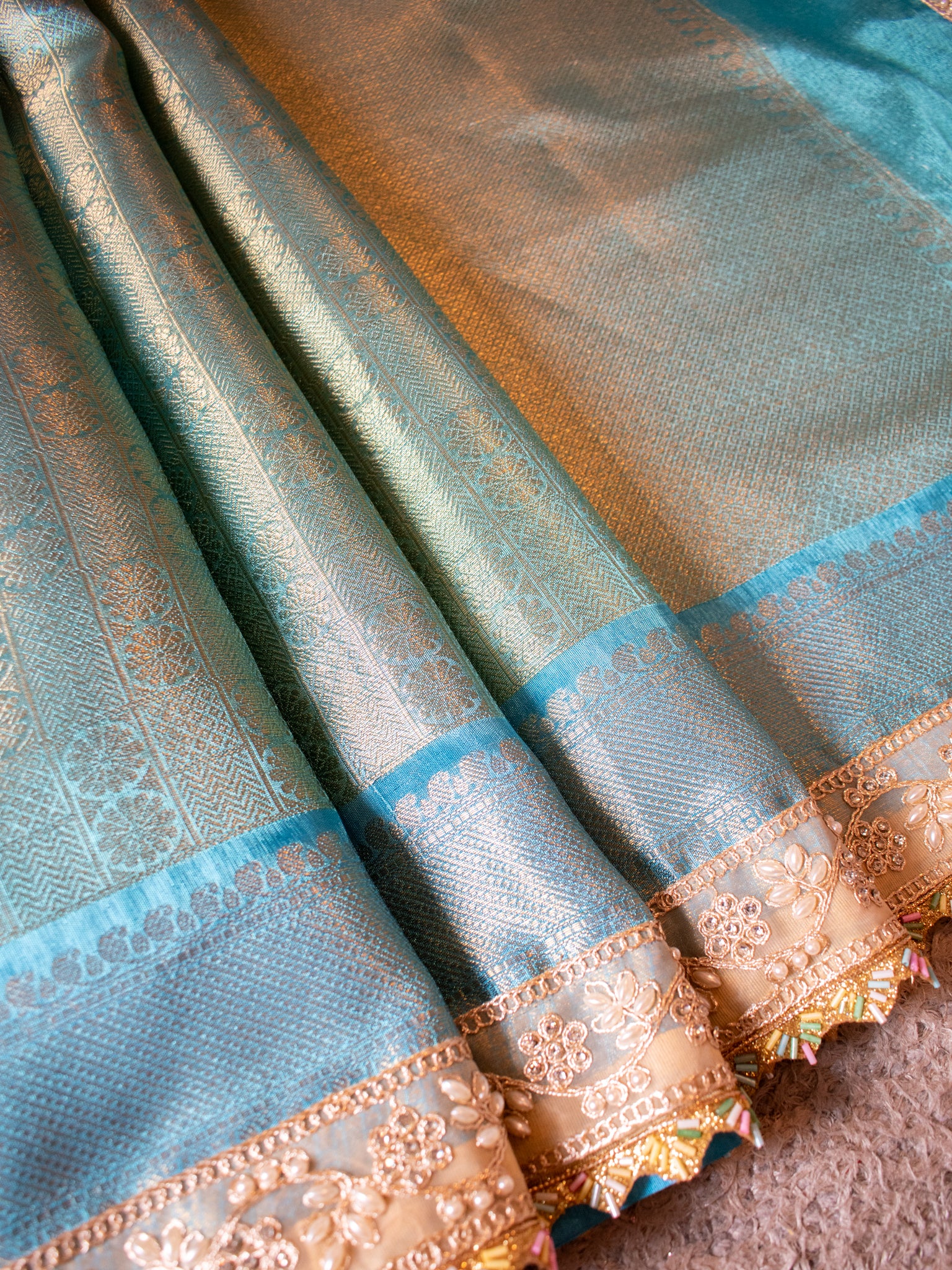 Banarasi Tissue Saree With Lace Border- Blue