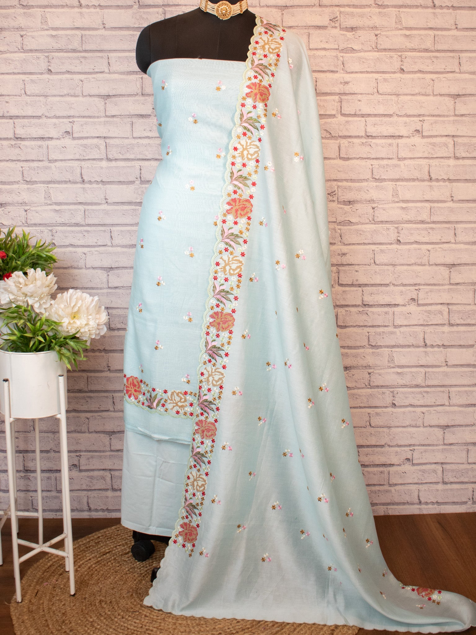 Banarasi Soft Cotton Embroidered Salwar Kameez Fabric With Dupatta- Blue