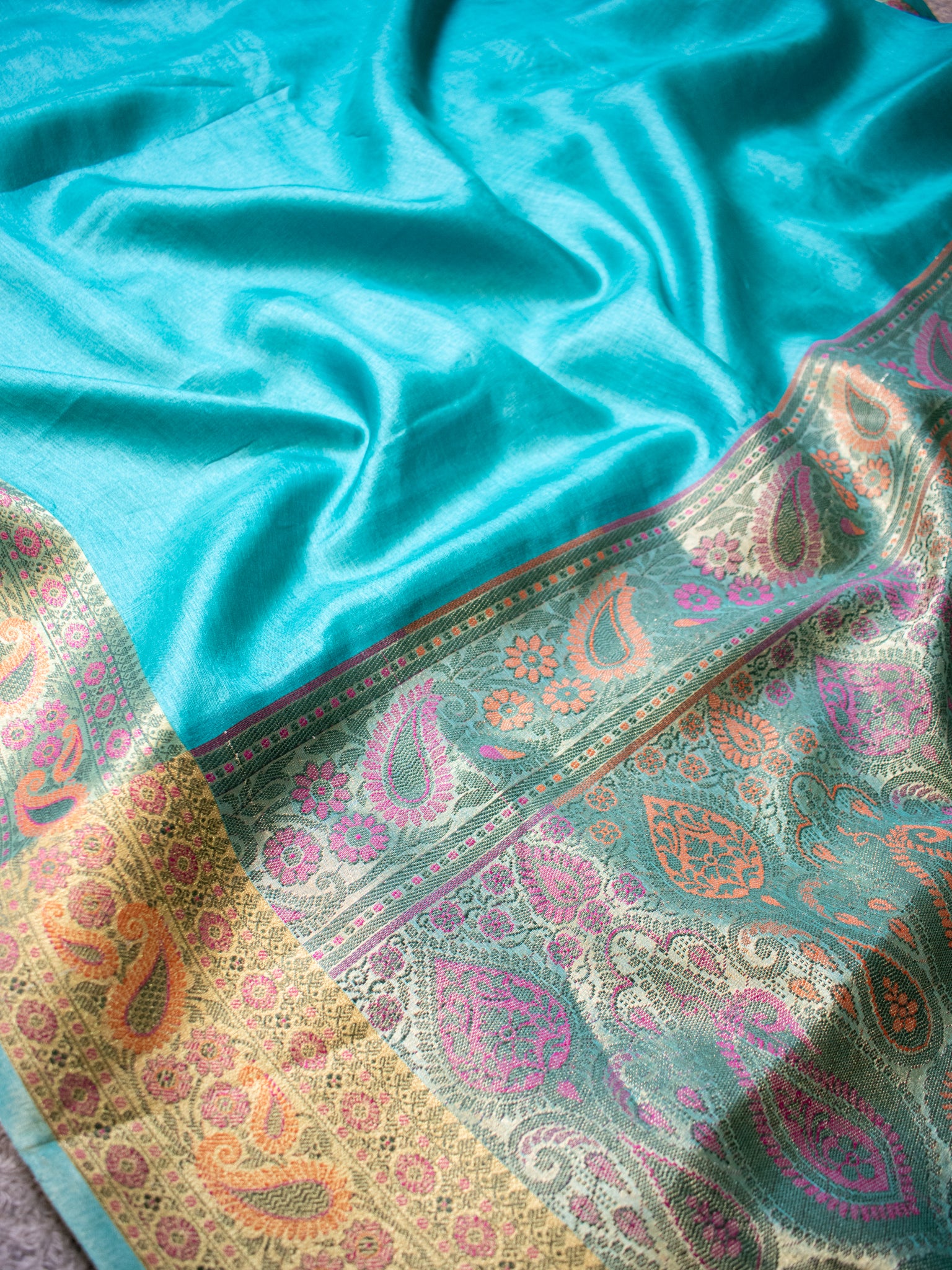 Banarasi Pure Tussar Saree With Resham Weaving Border- Turquois