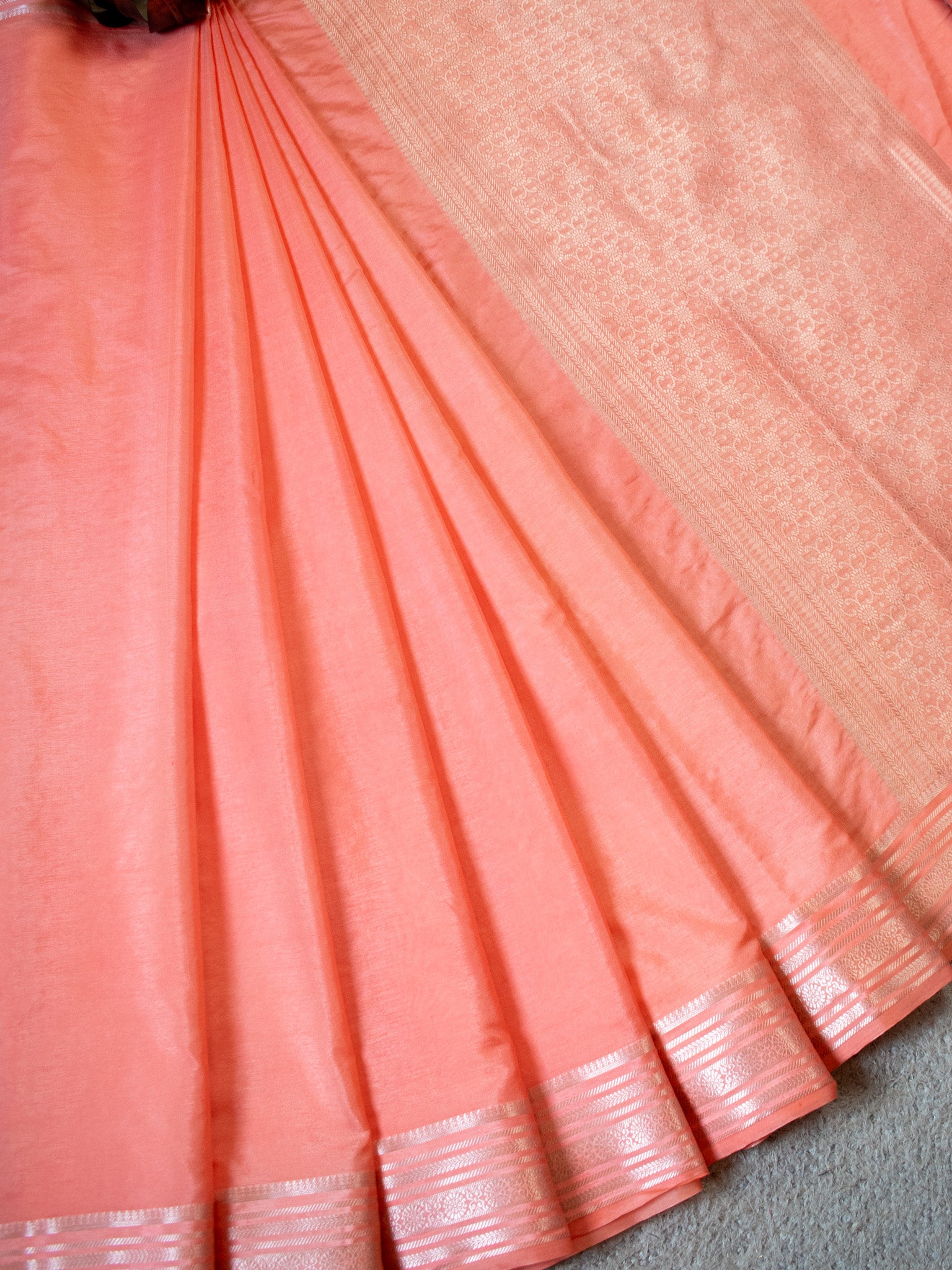 Banarasi Soft Cotton Plain Saree With Silver Weaving Border-Peach