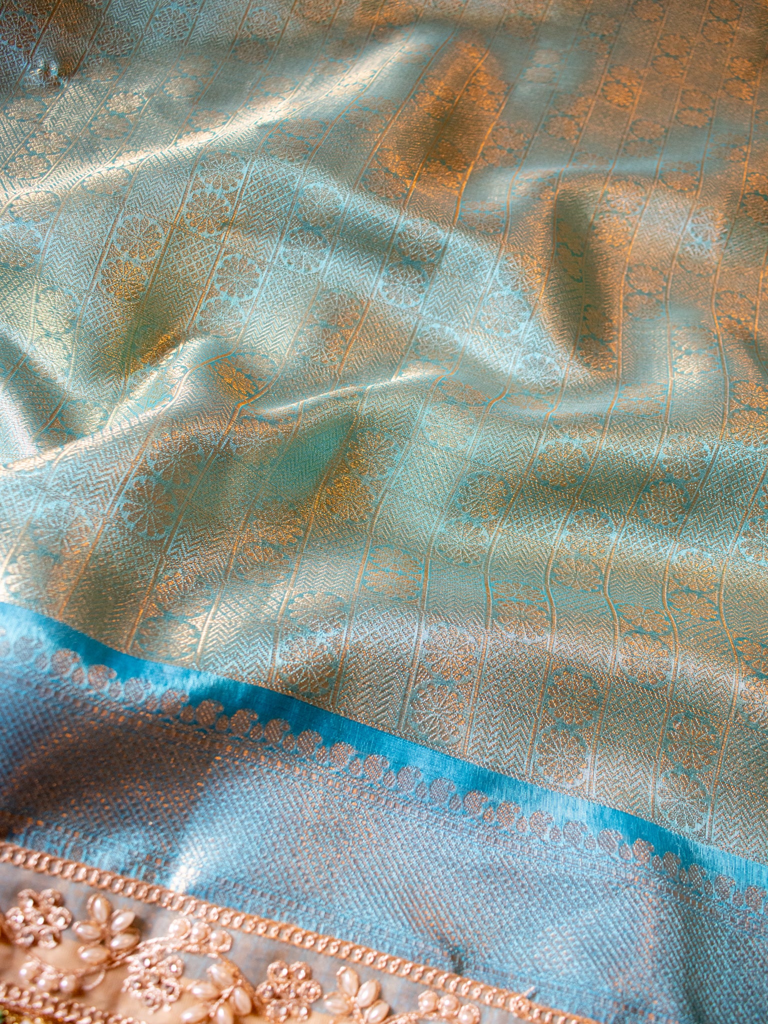 Banarasi Tissue Saree With Lace Border- Blue