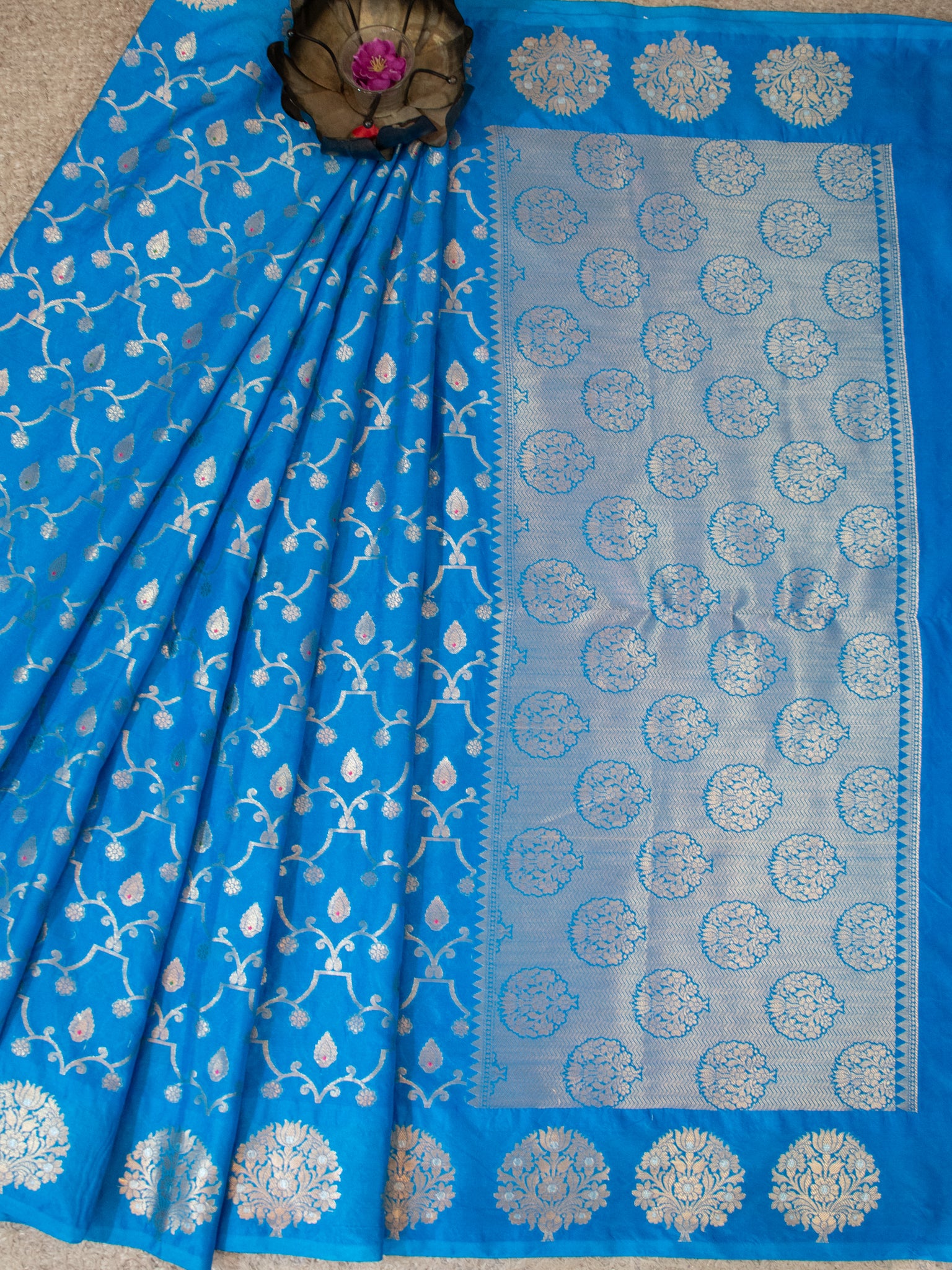 Banarasi Soft Cotton Saree With Golden Zari Weaving & Border- Blue