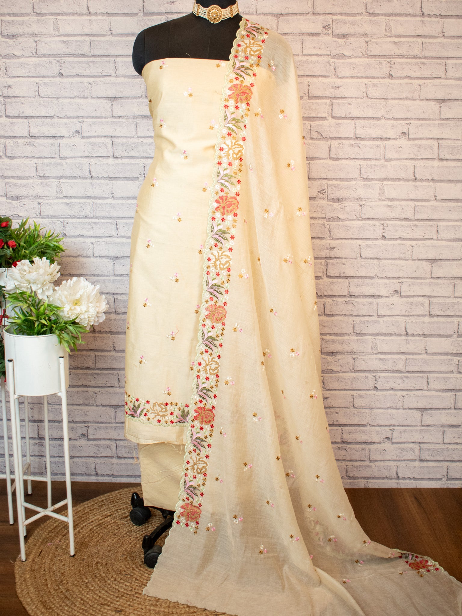 Banarasi Soft Cotton Embroidered Salwar Kameez Fabric With Dupatta- Beige