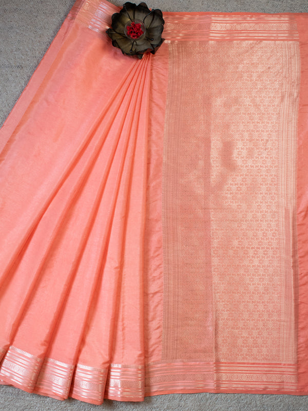 Banarasi Soft Cotton Plain Saree With Silver Weaving Border-Peach