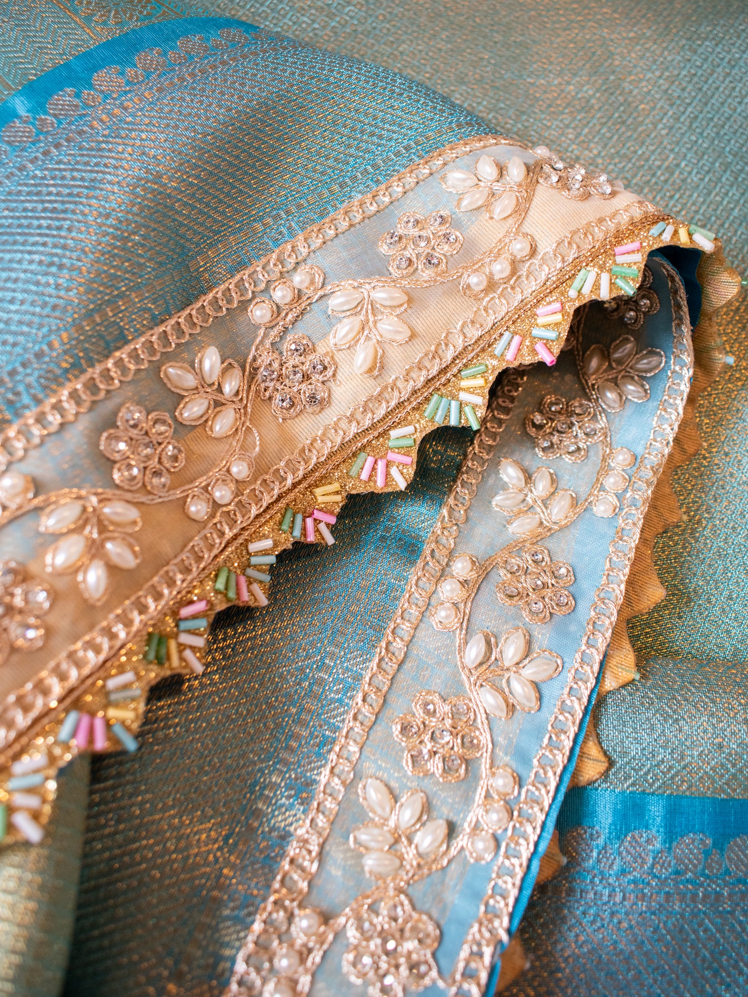 Banarasi Tissue Saree With Lace Border- Blue