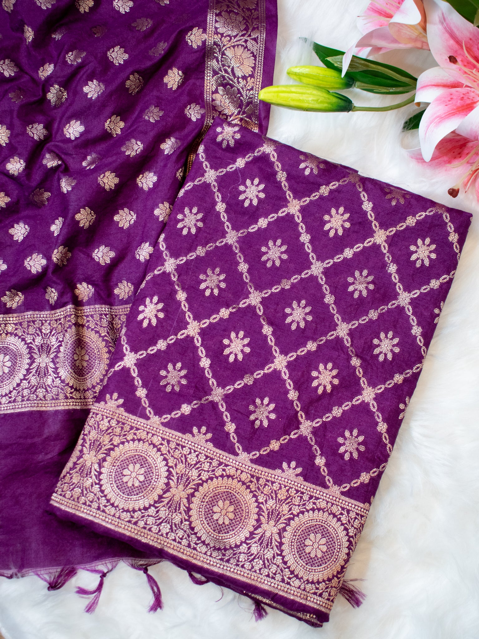Banarasi Semi Katan Salwar Kameez Fabric With Dupatta- Purple