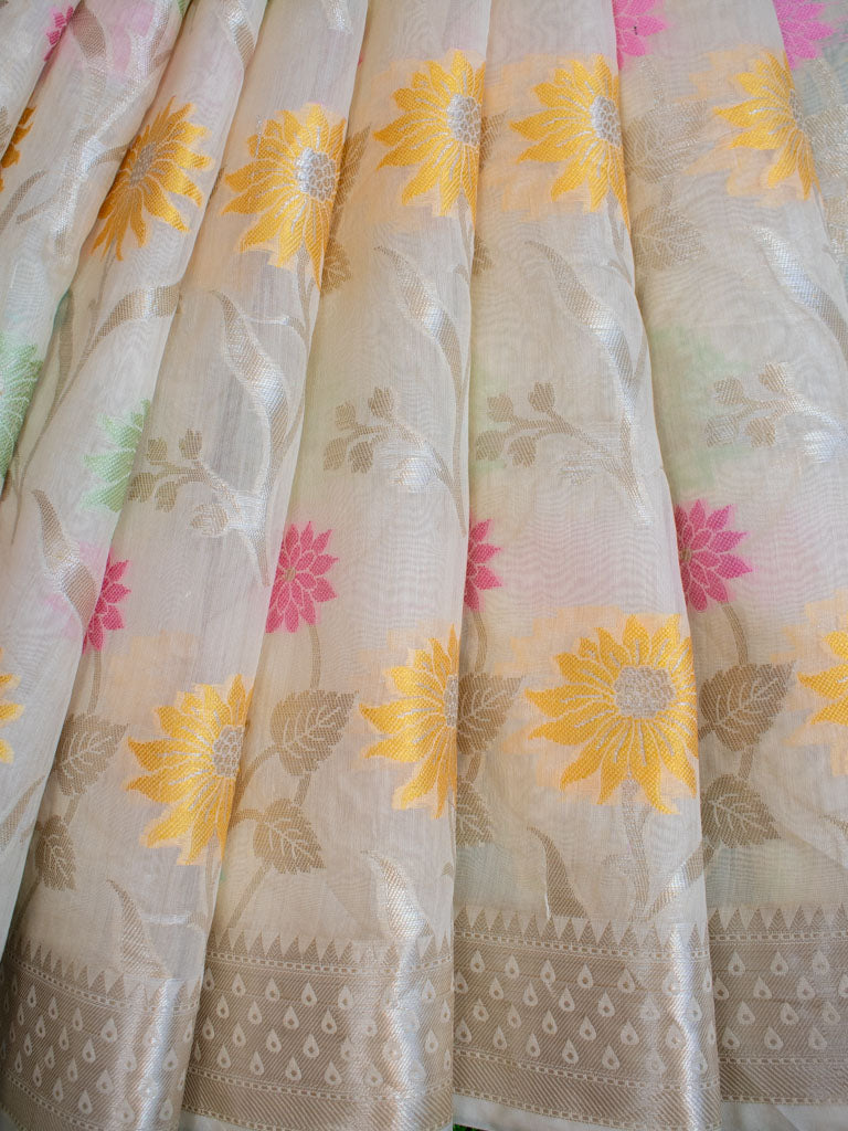 Banarasi Cotton Silk Jaal Resham & Zari Multi Coloured Weaving Saree-White