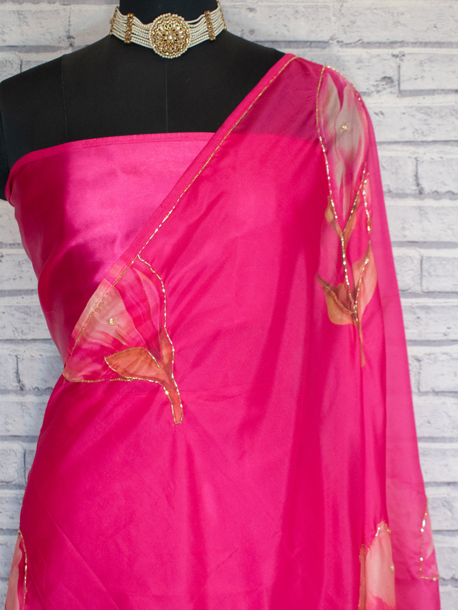 Semi Satin Floral Saree - Magenta