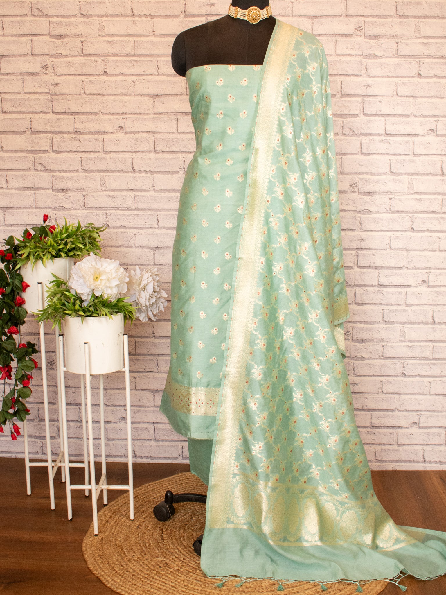 Banarasi Soft Cotton Salwar Kameez Fabric With Zari Dupatta- Green