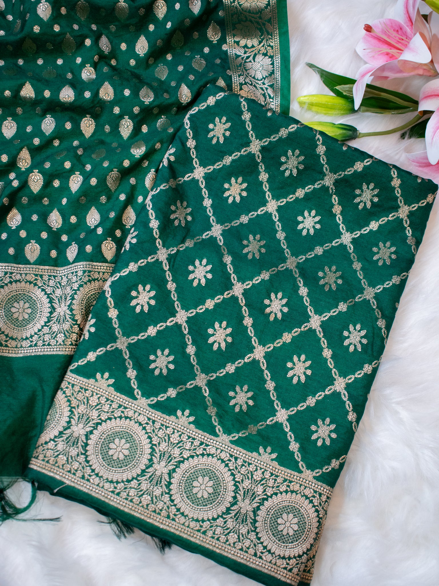 Banarasi Semi Katan Salwar Kameez Fabric With Dupatta- Green