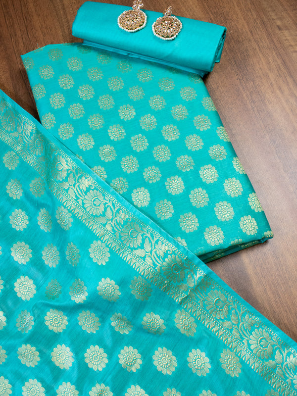Banarasi Cotton  Silk Zari Weaving Salwar Kameez Material-Blue
