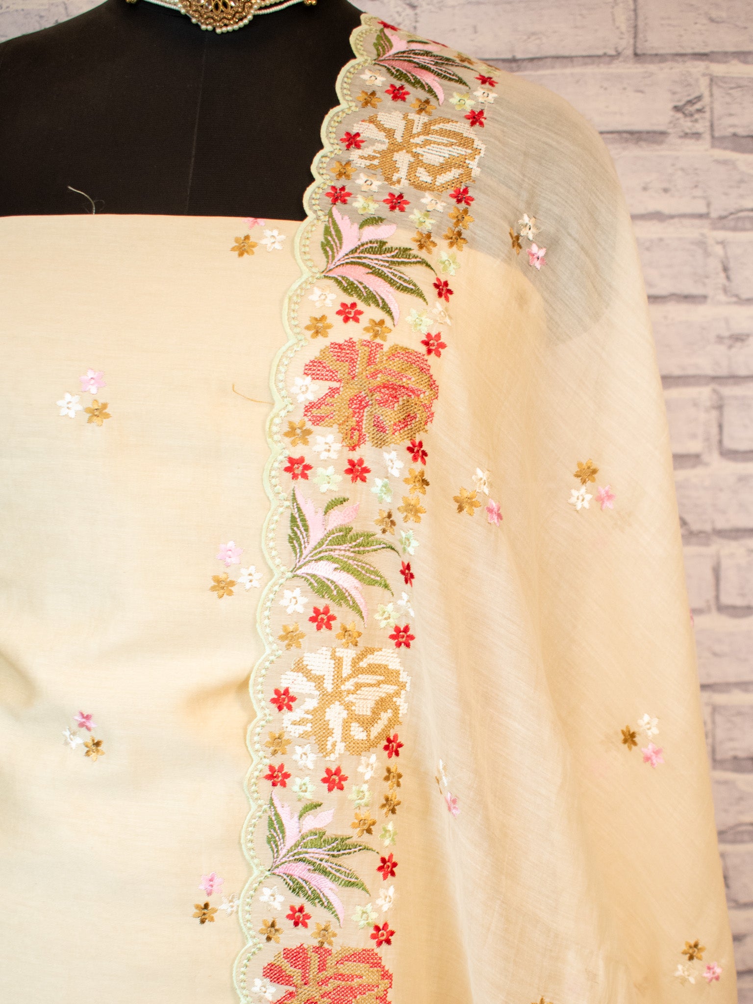 Banarasi Soft Cotton Embroidered Salwar Kameez Fabric With Dupatta- Beige