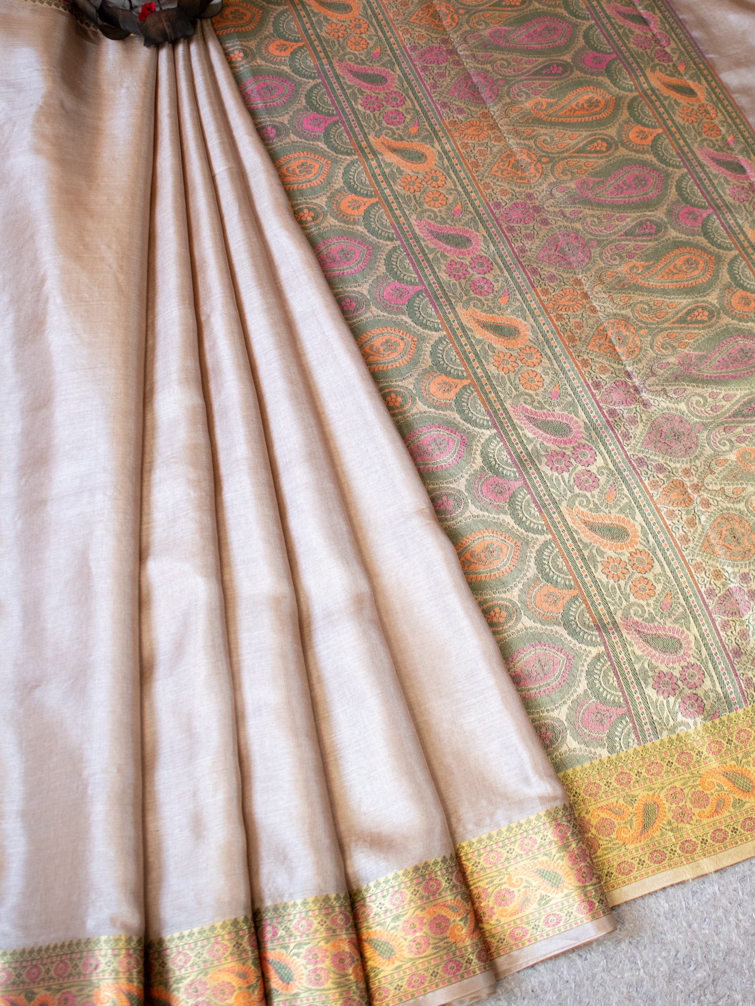 Banarasi Pure Tussar Saree With Resham Weaving Border- Beige