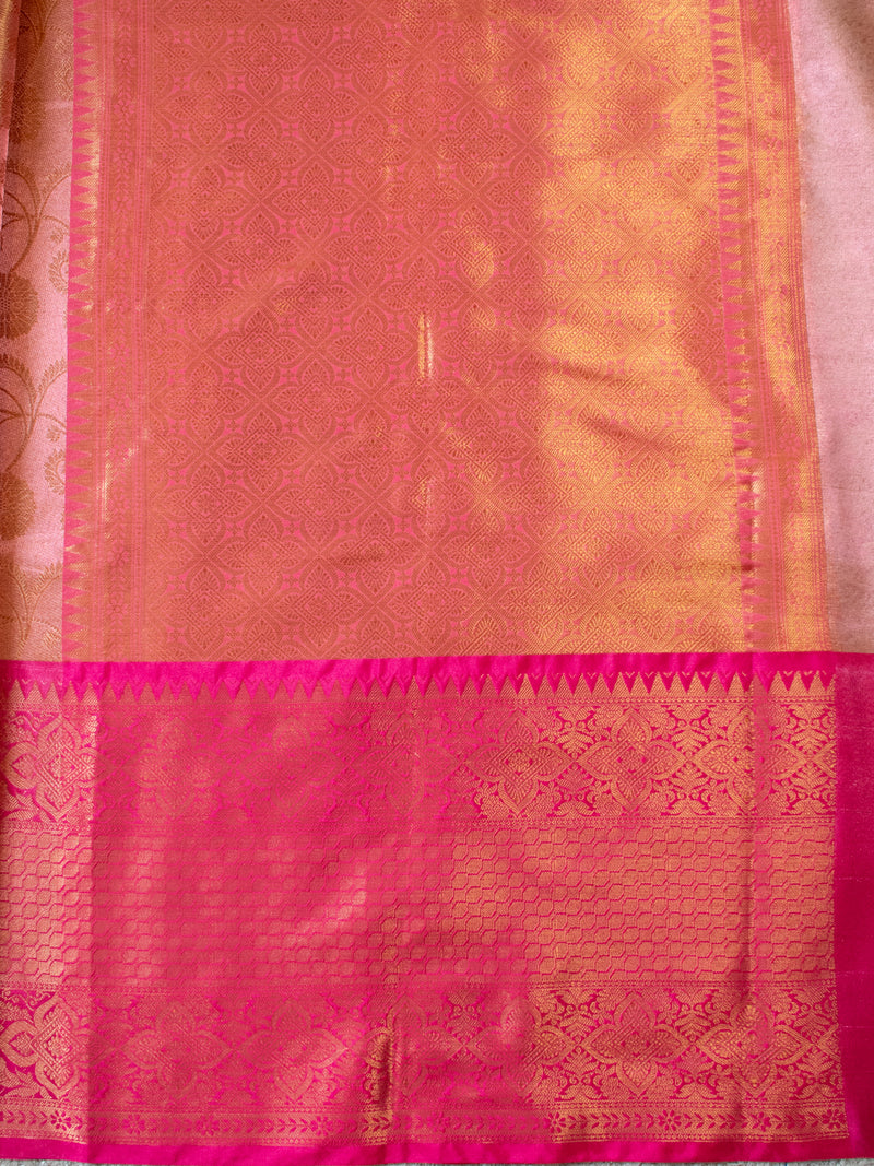 Banarasi Kora Muslin Saree With Copper Zari Weaving & Border-Peach & Gold