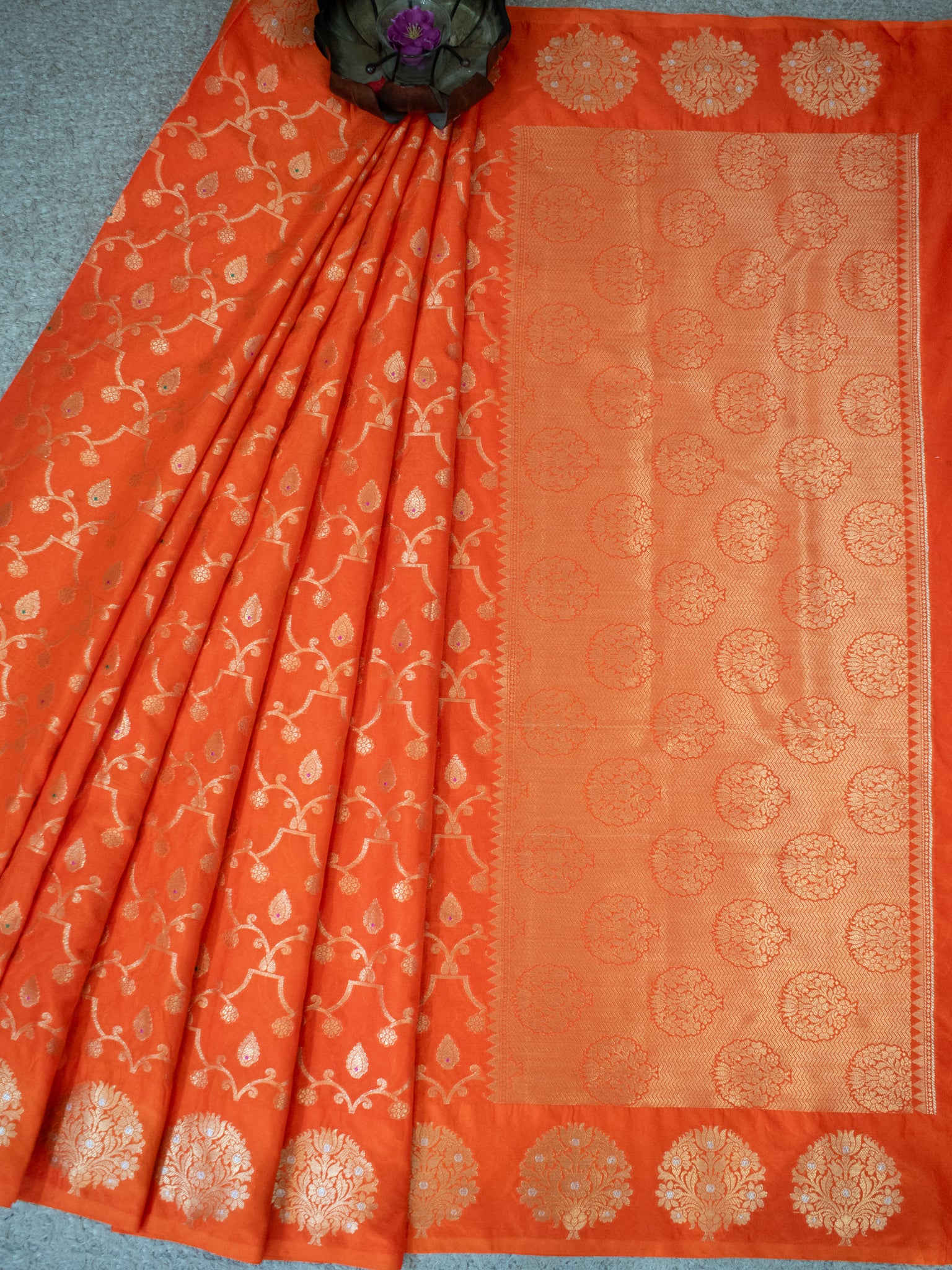 Banarasi Soft Cotton Saree With Golden Zari Weaving & Border- Orange