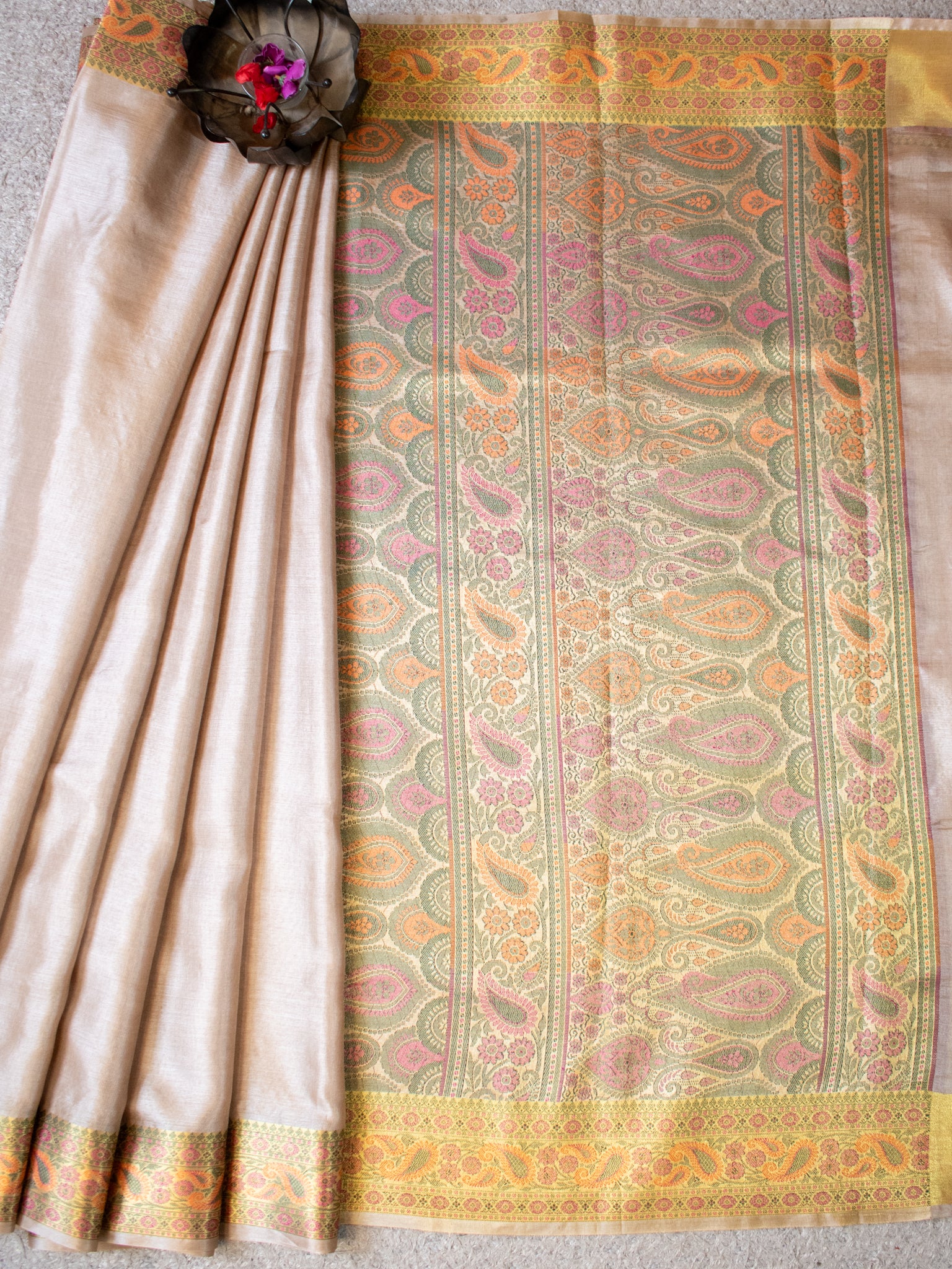 Banarasi Pure Tussar Saree With Resham Weaving Border- Beige