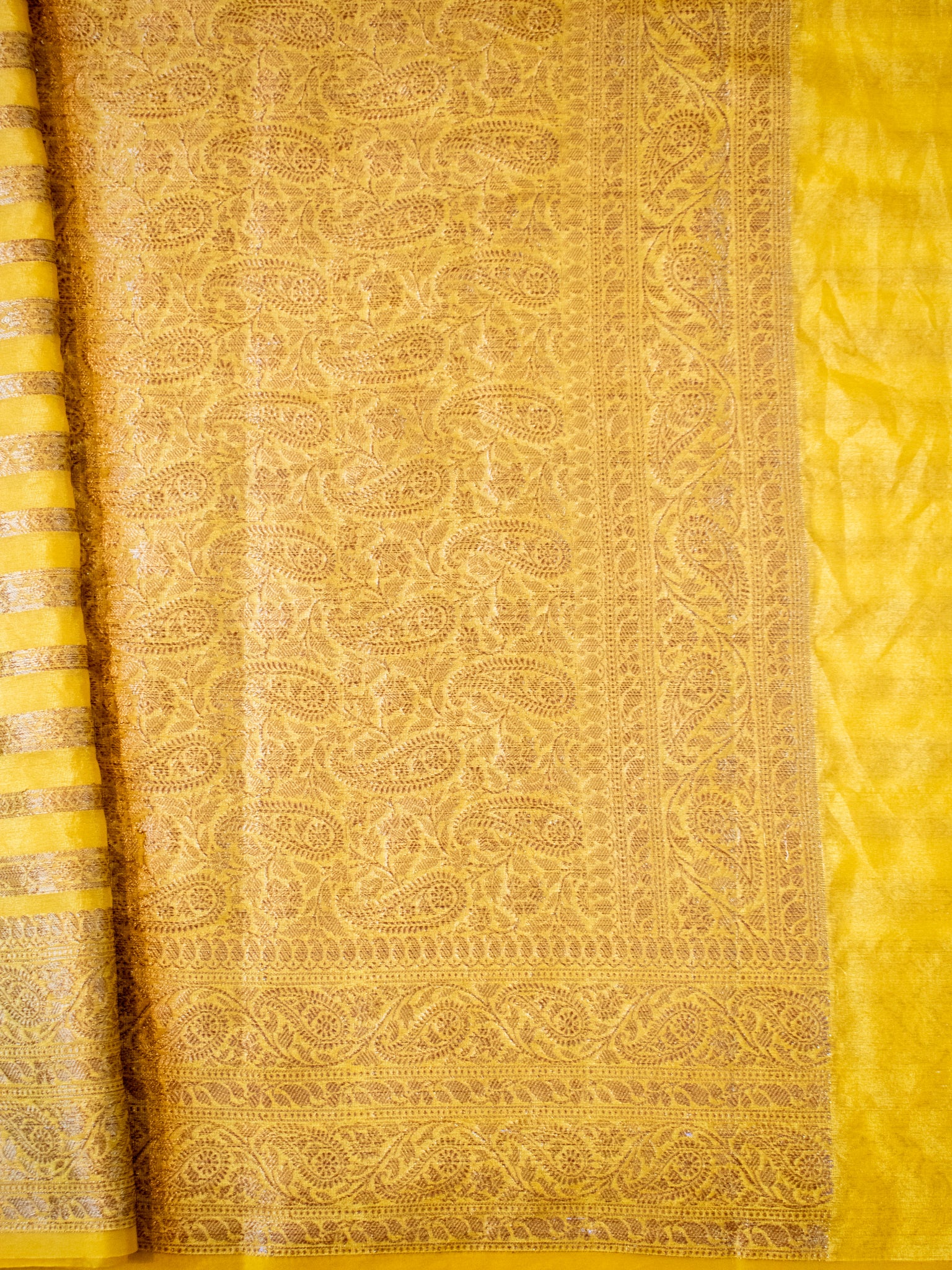 Banarasi Semi Cotton Saree Antique Weaving &  Border-Yellow
