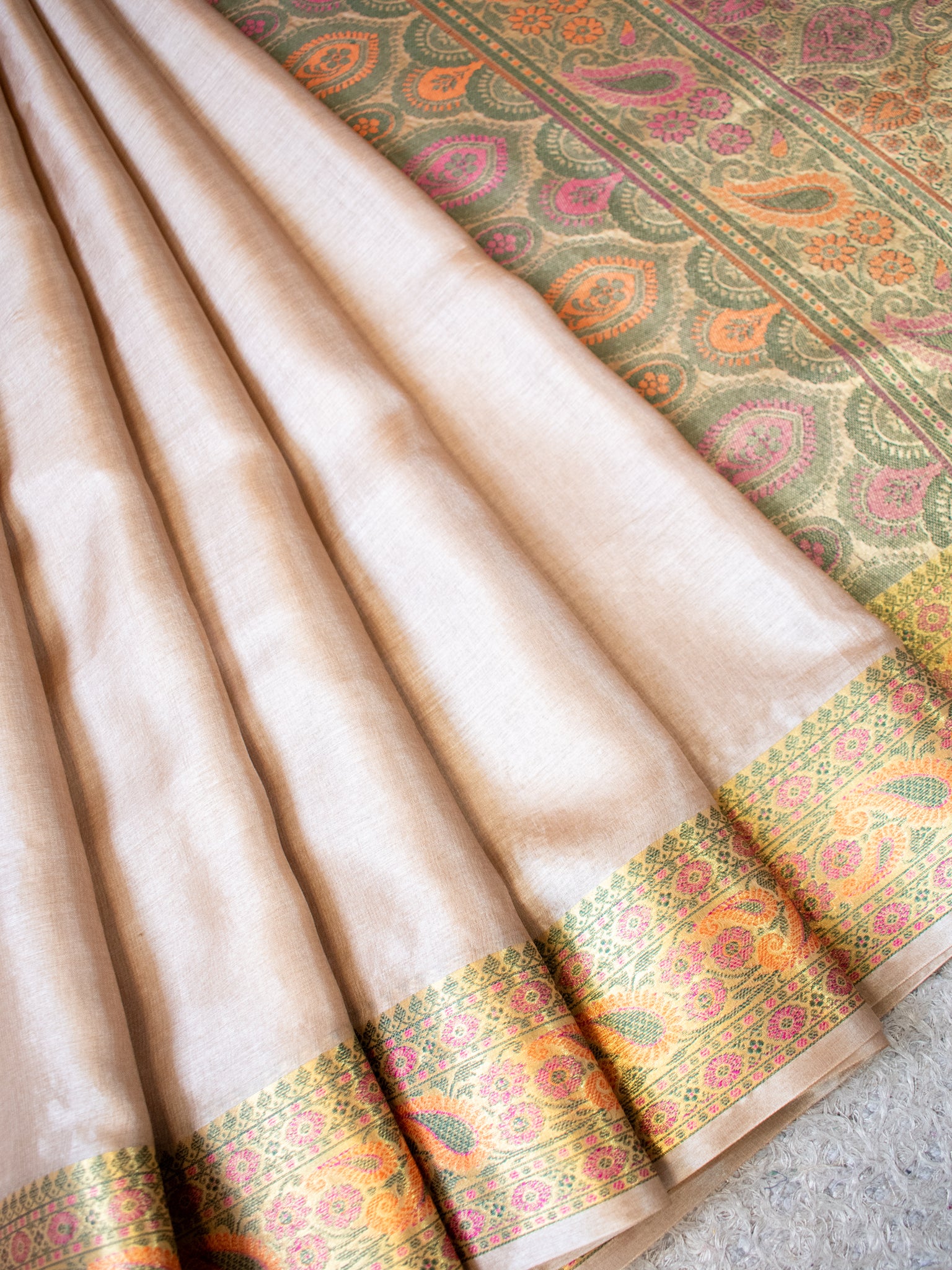 Banarasi Pure Tussar Saree With Resham Weaving Border- Beige