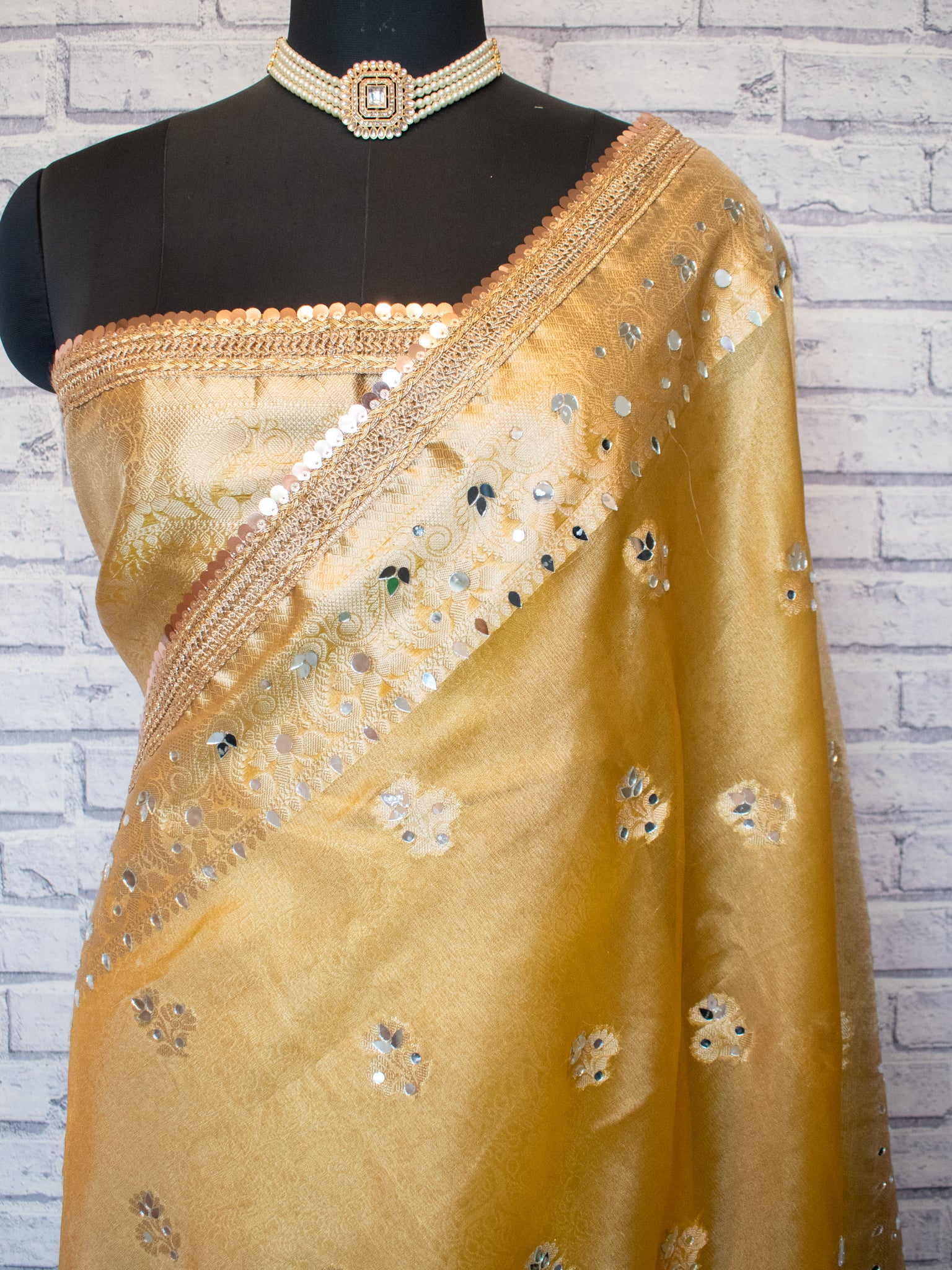 Banarasi Tissue Saree With Mirror Work & Lace Border- Yellow