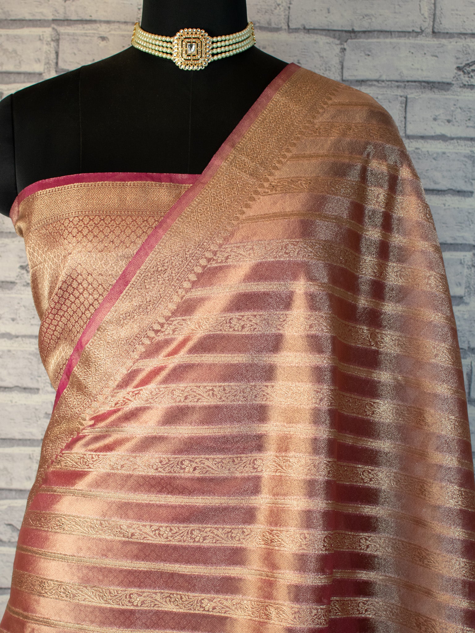 Banarasi Tissue Saree With Zari Border-Pink