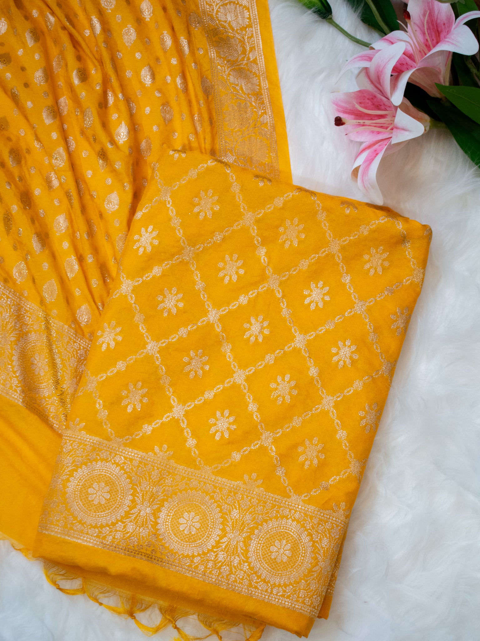 Banarasi Semi Katan Salwar Kameez Fabric With Dupatta- Yellow