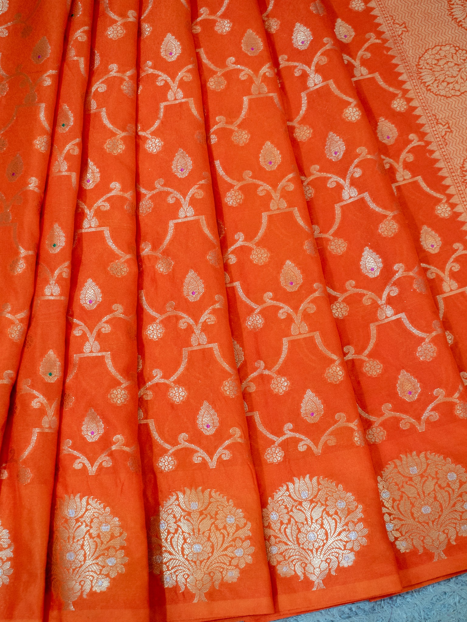 Banarasi Soft Cotton Saree With Golden Zari Weaving & Border- Orange