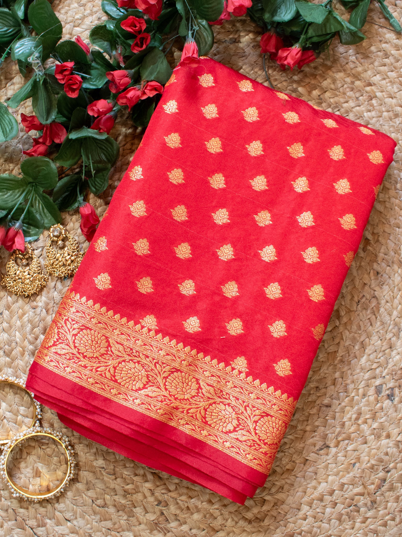 Banarasi Semi Georgette Saree With Resham Weaving- Red