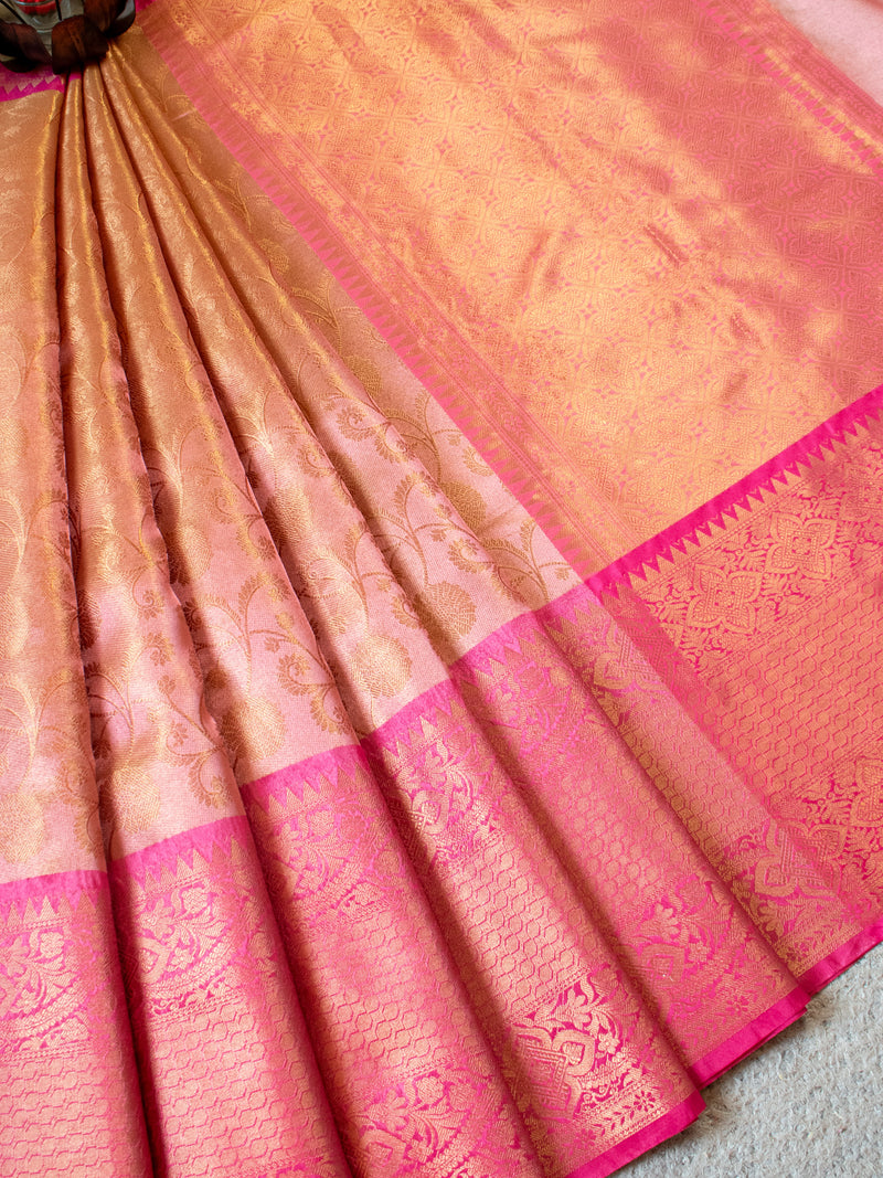 Banarasi Kora Muslin Saree With Copper Zari Weaving & Border-Peach & Gold