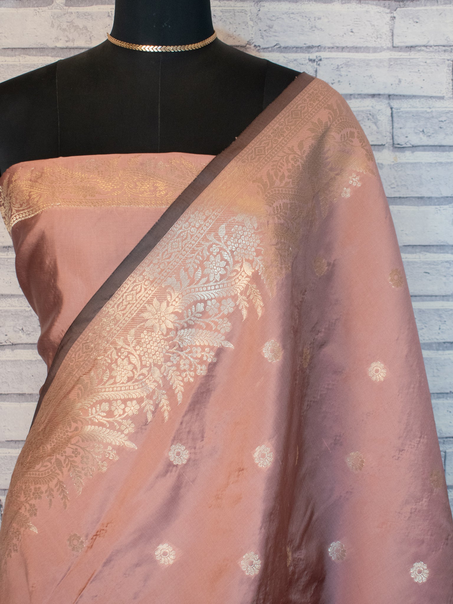Banarasi Semi Katan Silk Saree With Border- Sand Brown