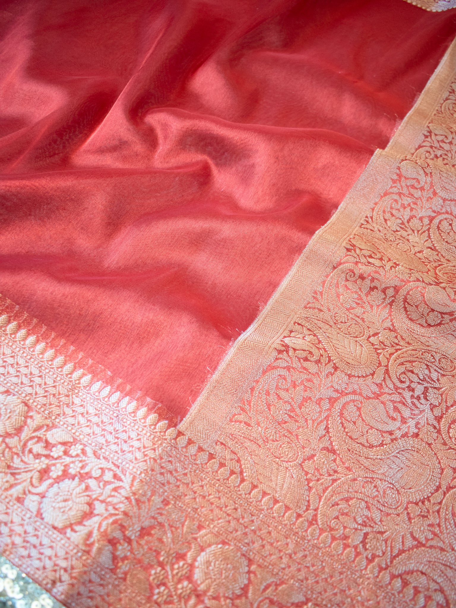 Banarasi Tissue Saree With Lace Border - Red