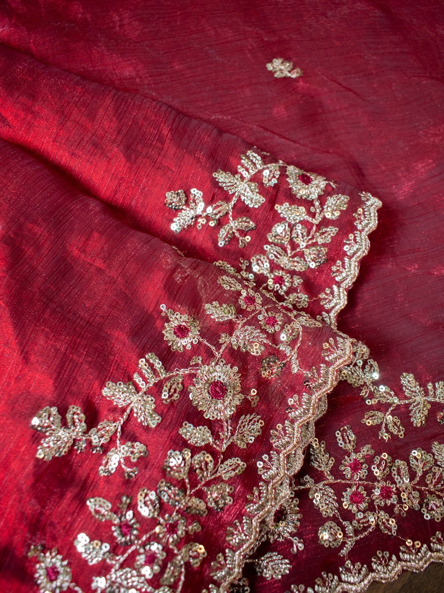 Red Embroidered Tissue Banarasi Cocktail Saree with Lace Border