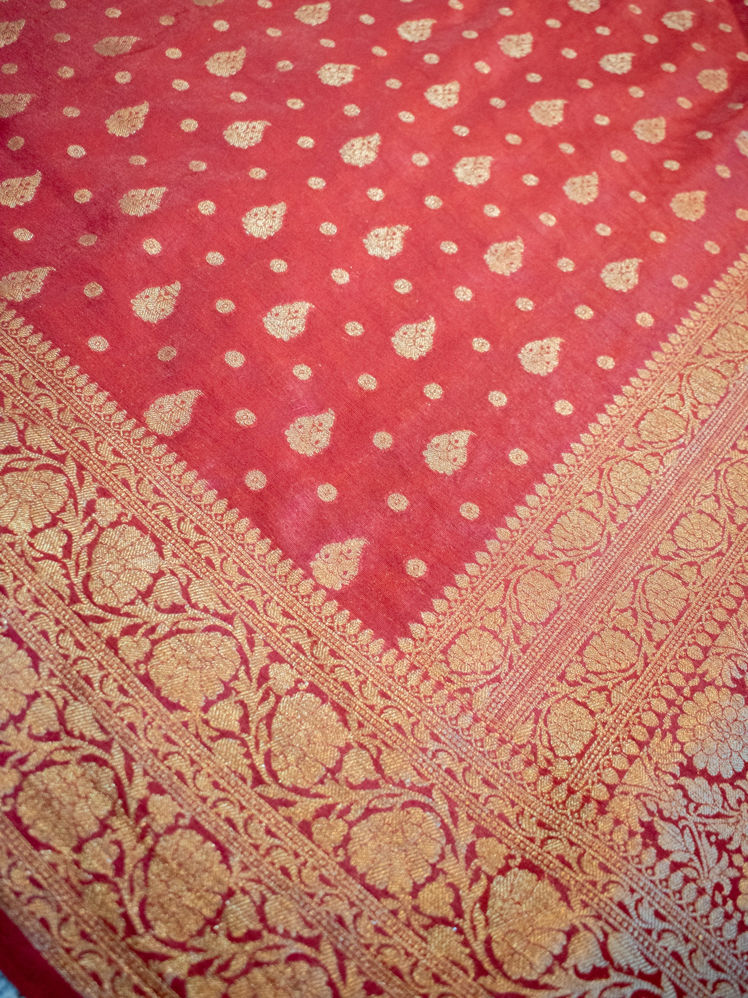 Banarasi Soft Cotton Saree With Antique Zari Weaving & Border- Red