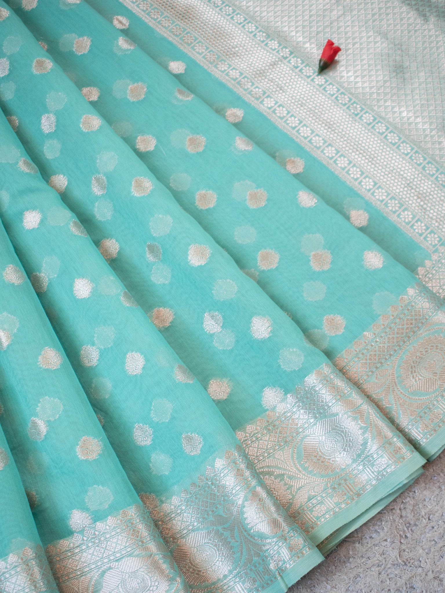 Banarasi Cotton Silk Saree With Silver Zari Weaving & Border- Aqua Blue