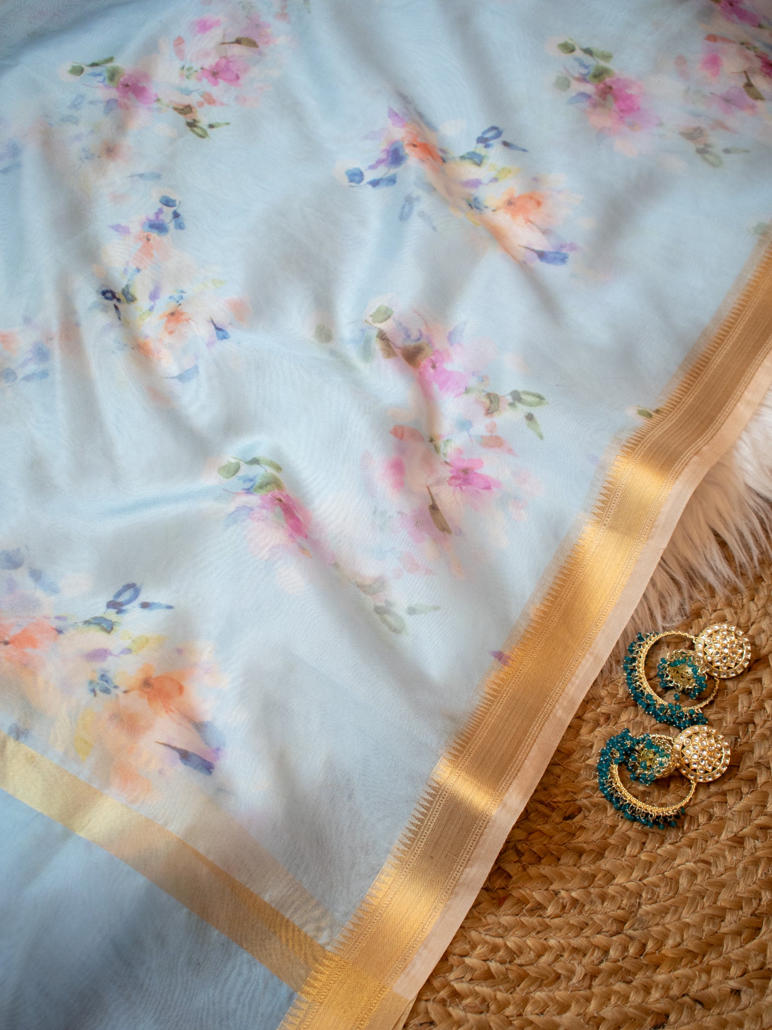 Banarasi Printed Organza Dupatta- Blue