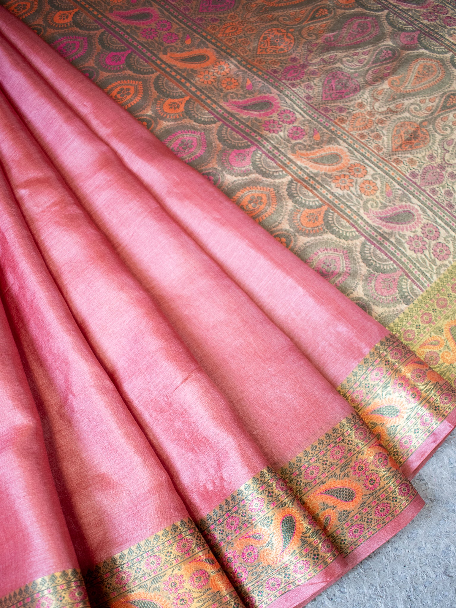 Banarasi Pure Tussar Saree With Resham Weaving Border- Pink