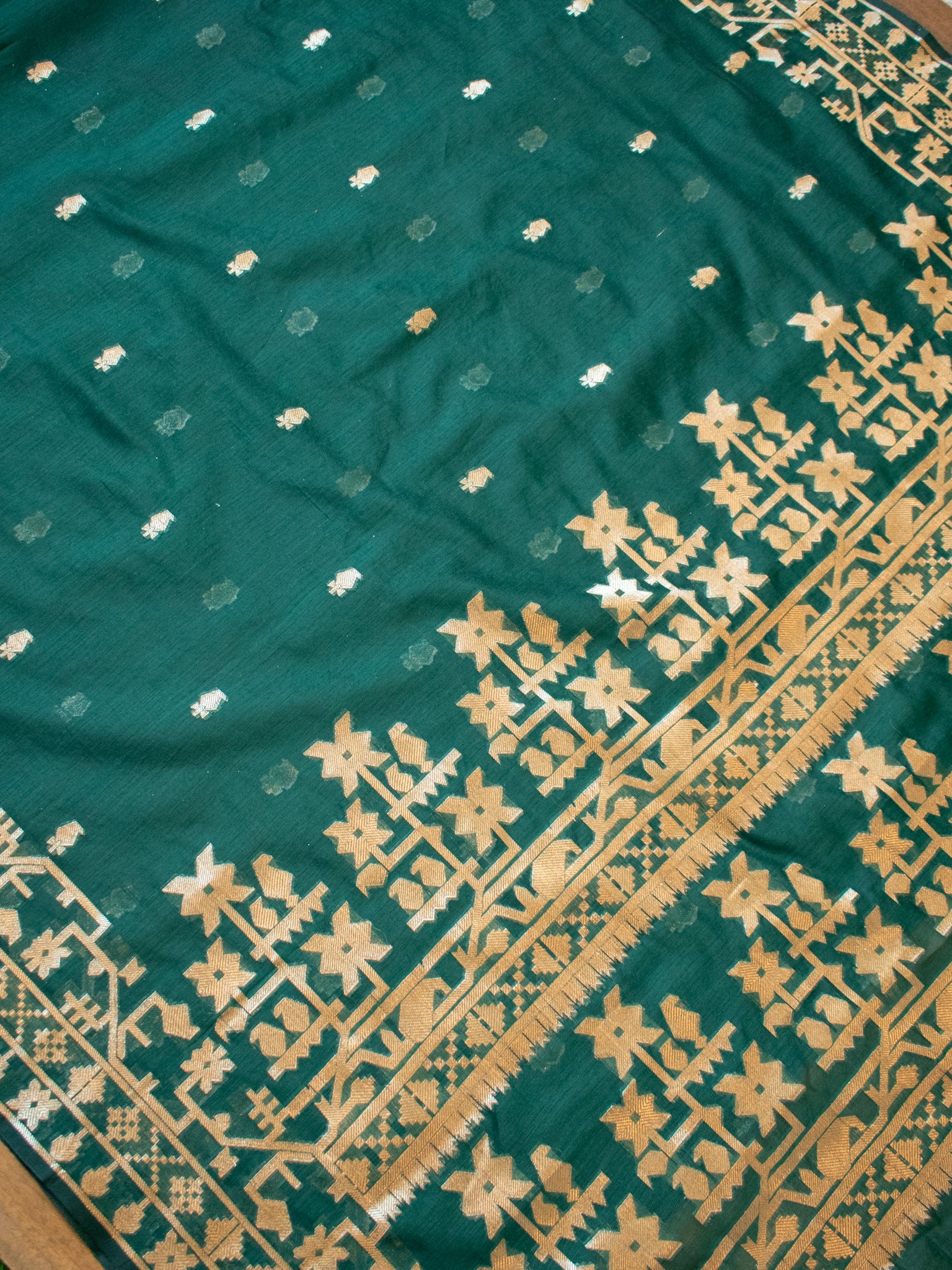 Banarasi Cotton Mix Saree with Zari Weaving & Border- Green