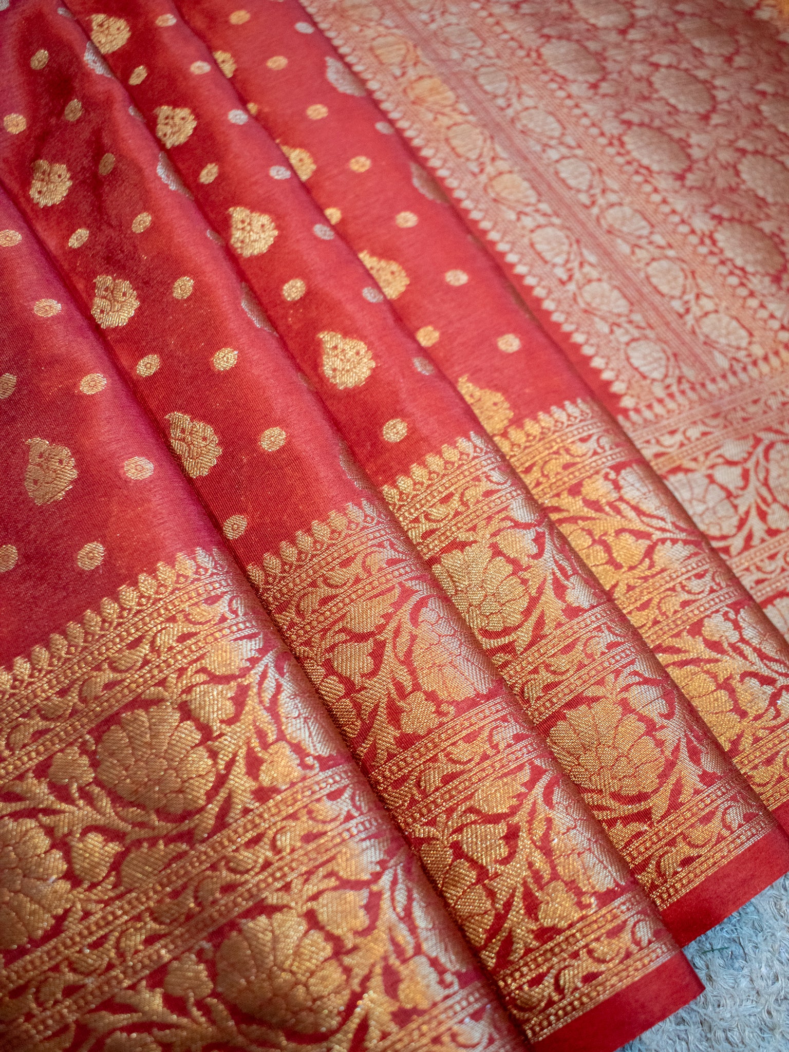 Banarasi Soft Cotton Saree With Antique Zari Weaving & Border- Red