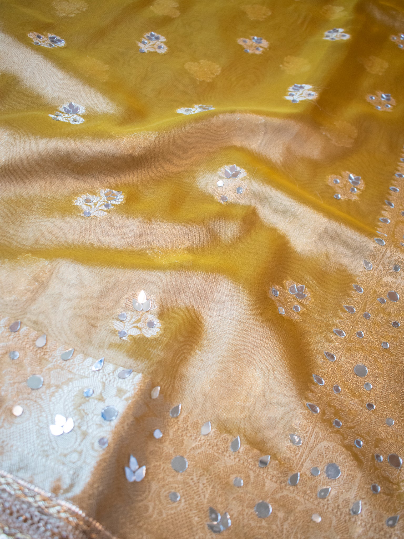Banarasi Tissue Saree With Mirror Work & Lace Border- Yellow