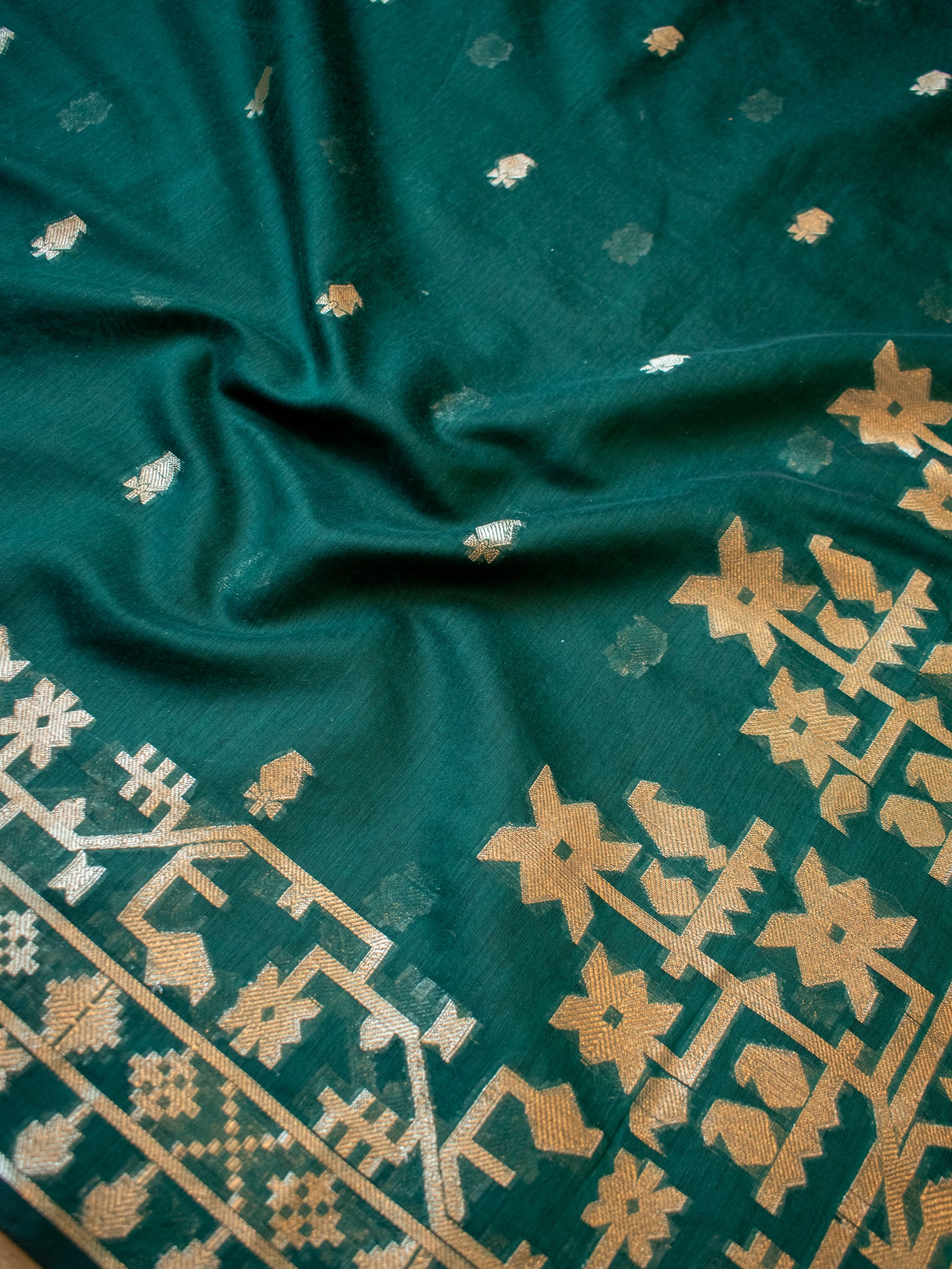 Banarasi Cotton Mix Saree with Zari Weaving & Border- Green