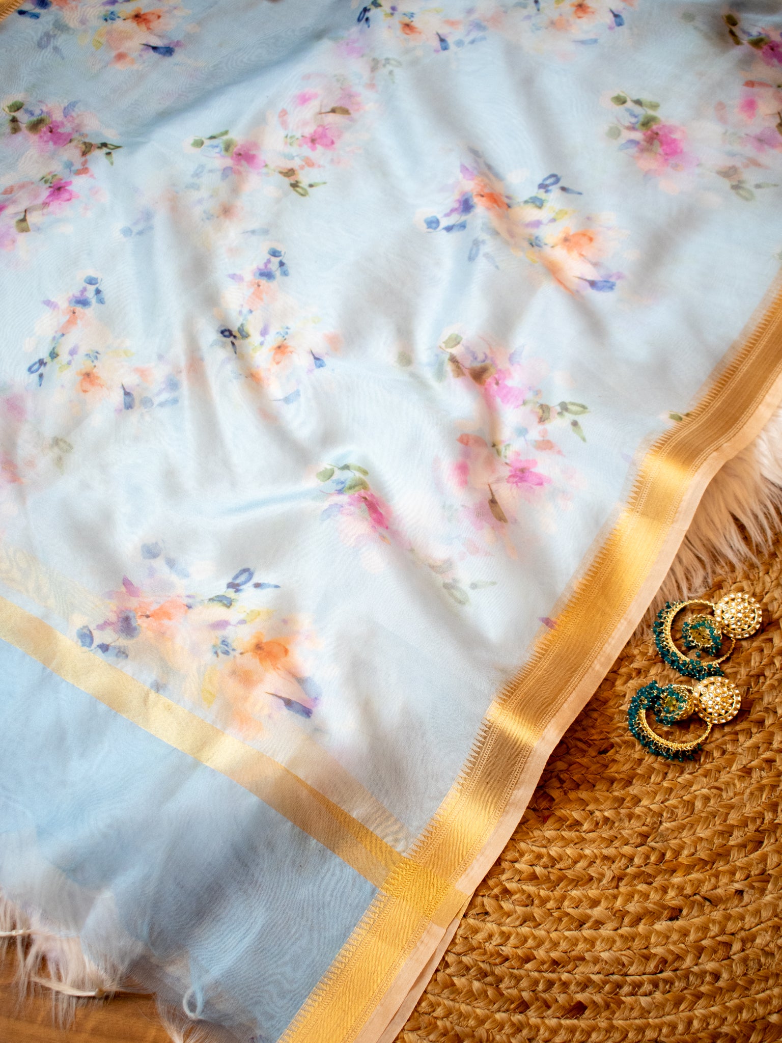 Banarasi Printed Organza Dupatta- Blue