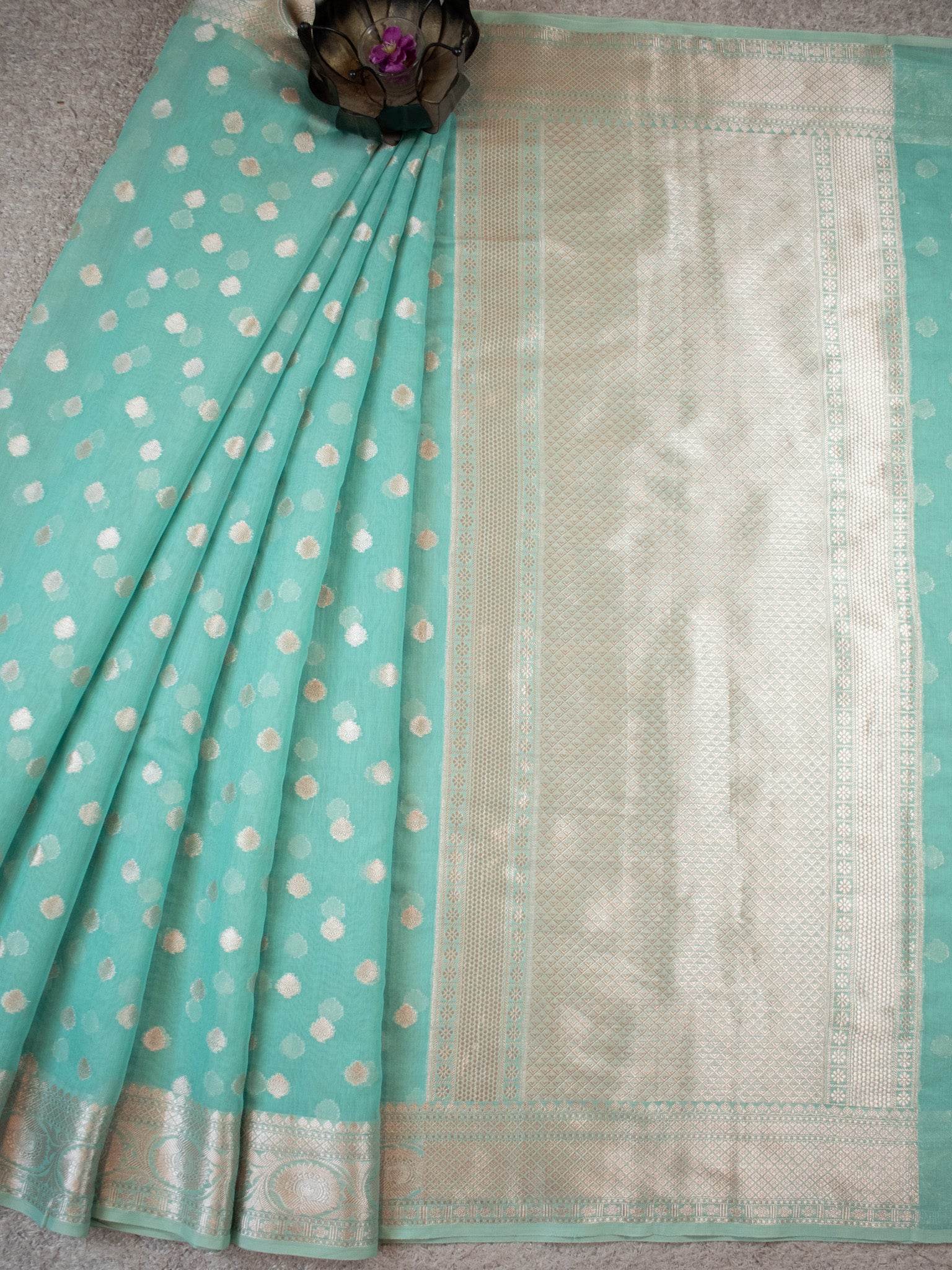 Banarasi Cotton Silk Saree With Silver Zari Weaving & Border- Aqua Blue