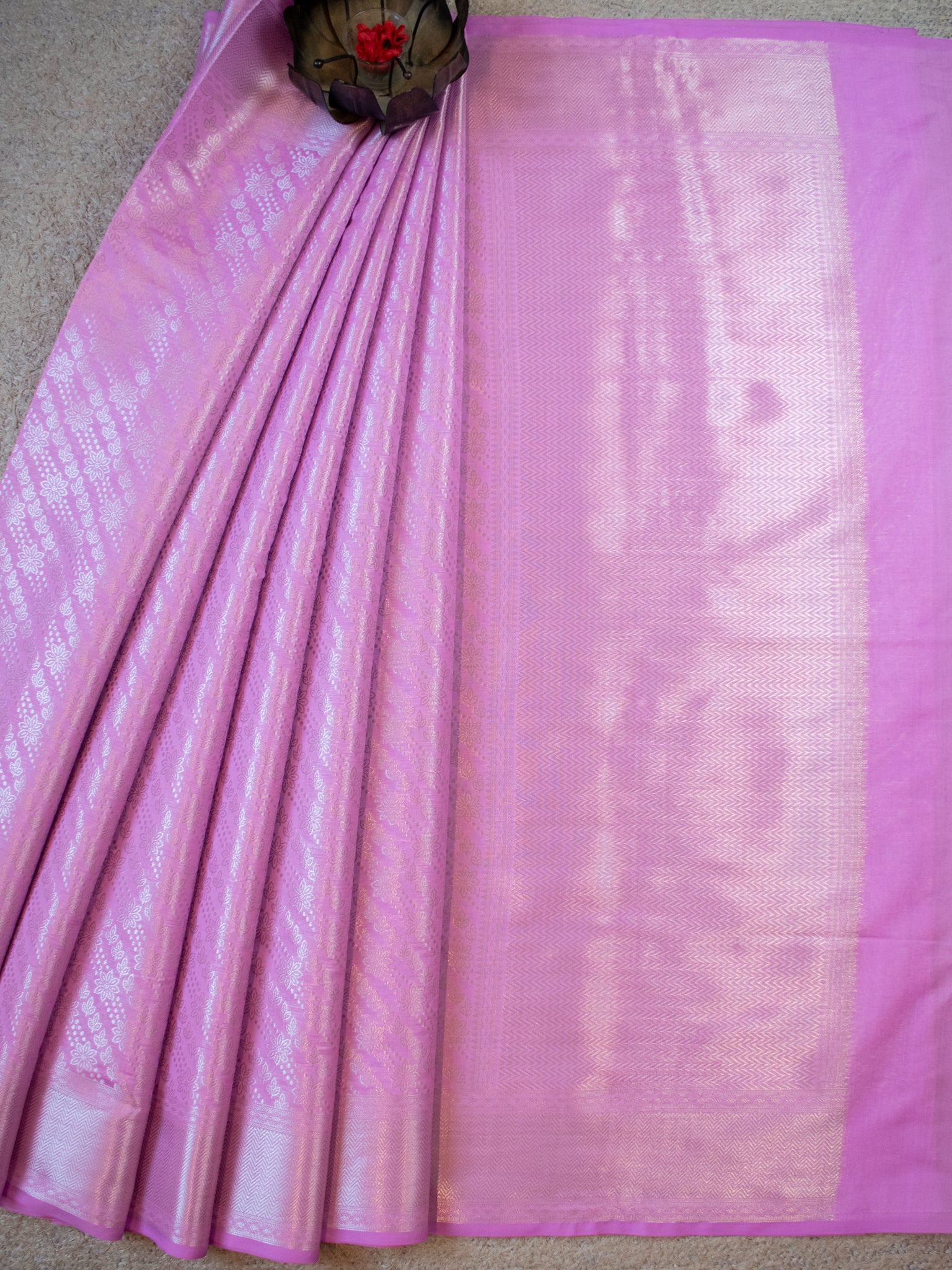 Banarasi Tissue Saree With Silver Weaving & Border- Pink