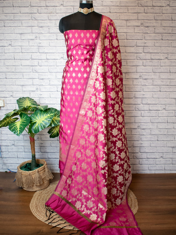 Banarasi Cotton Silk Salwar Kameez With Jaal Dupatta-Pink