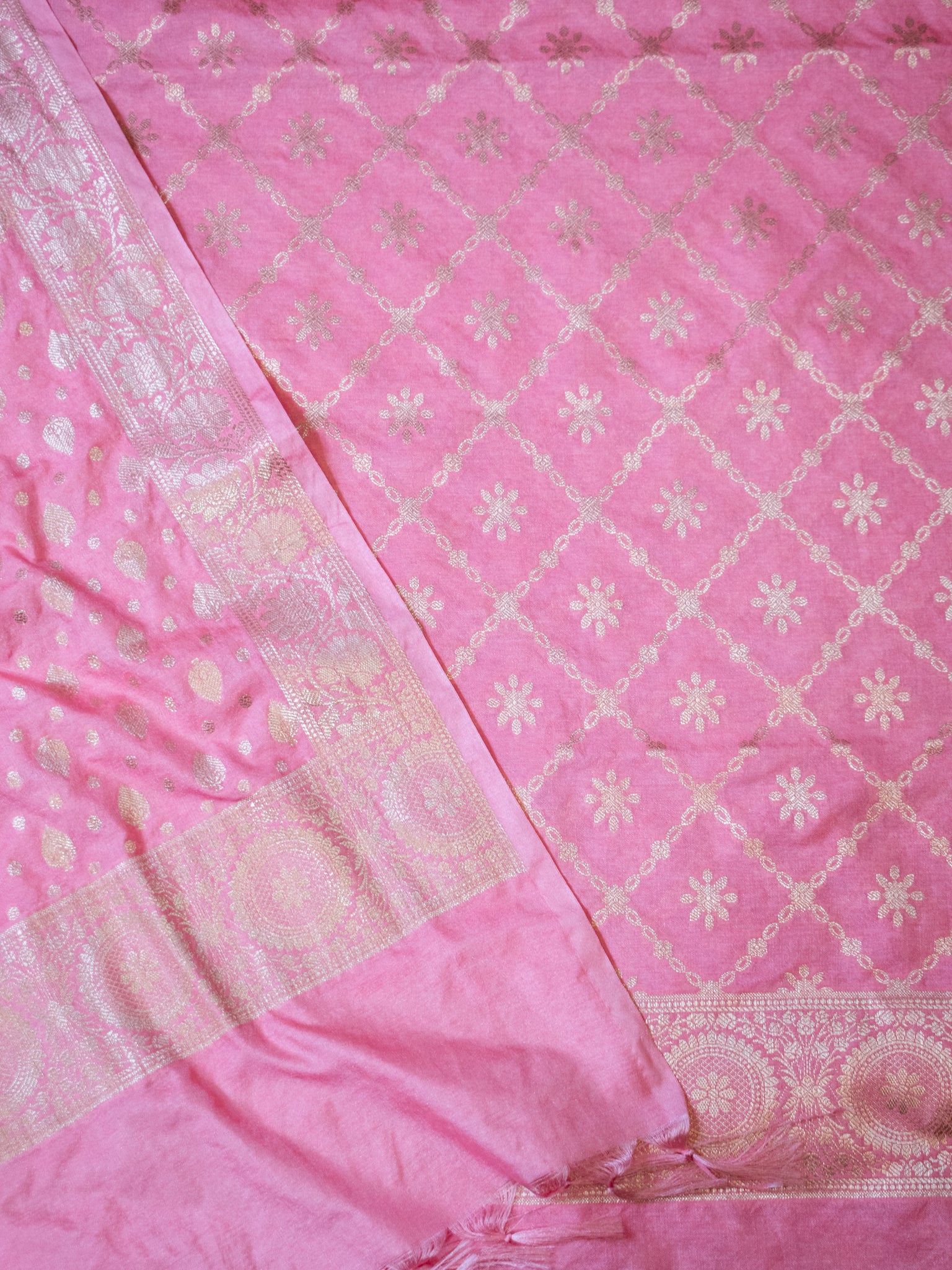 Banarasi Semi Katan Salwar Kameez Fabric With Dupatta- Pink