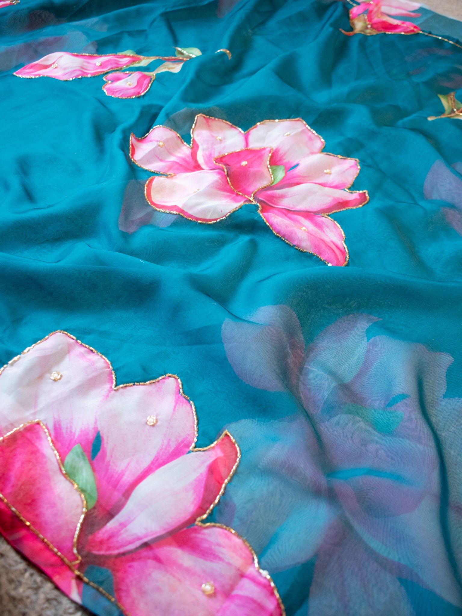 Semi Satin Floral Saree - Blue