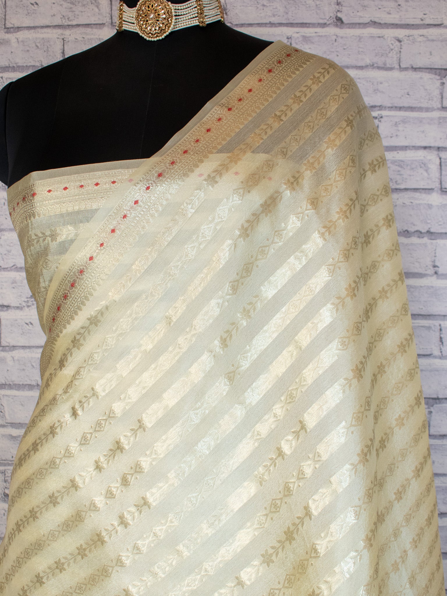 Banarasi Kora Saree With Zari Weaving & Meena Border-Off White